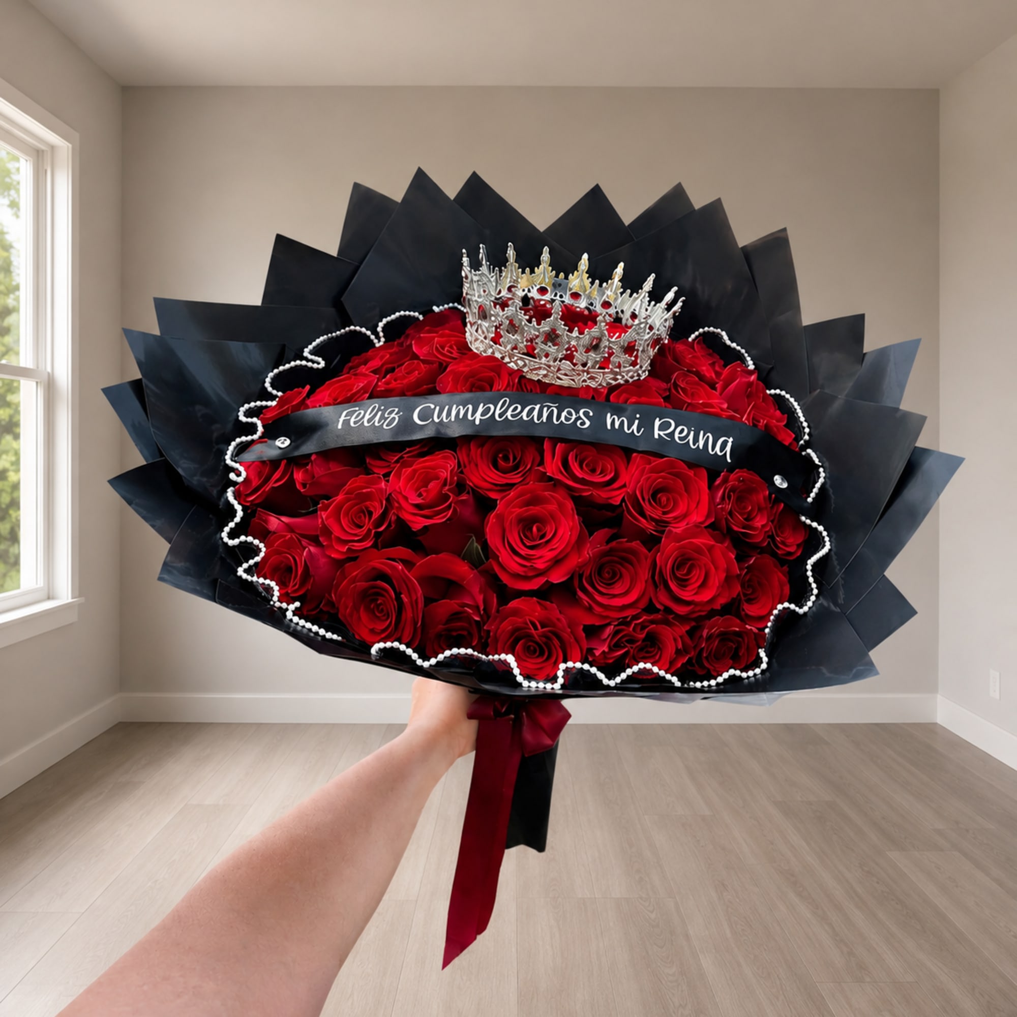 Large bouquet of red roses with a crown and black wrap