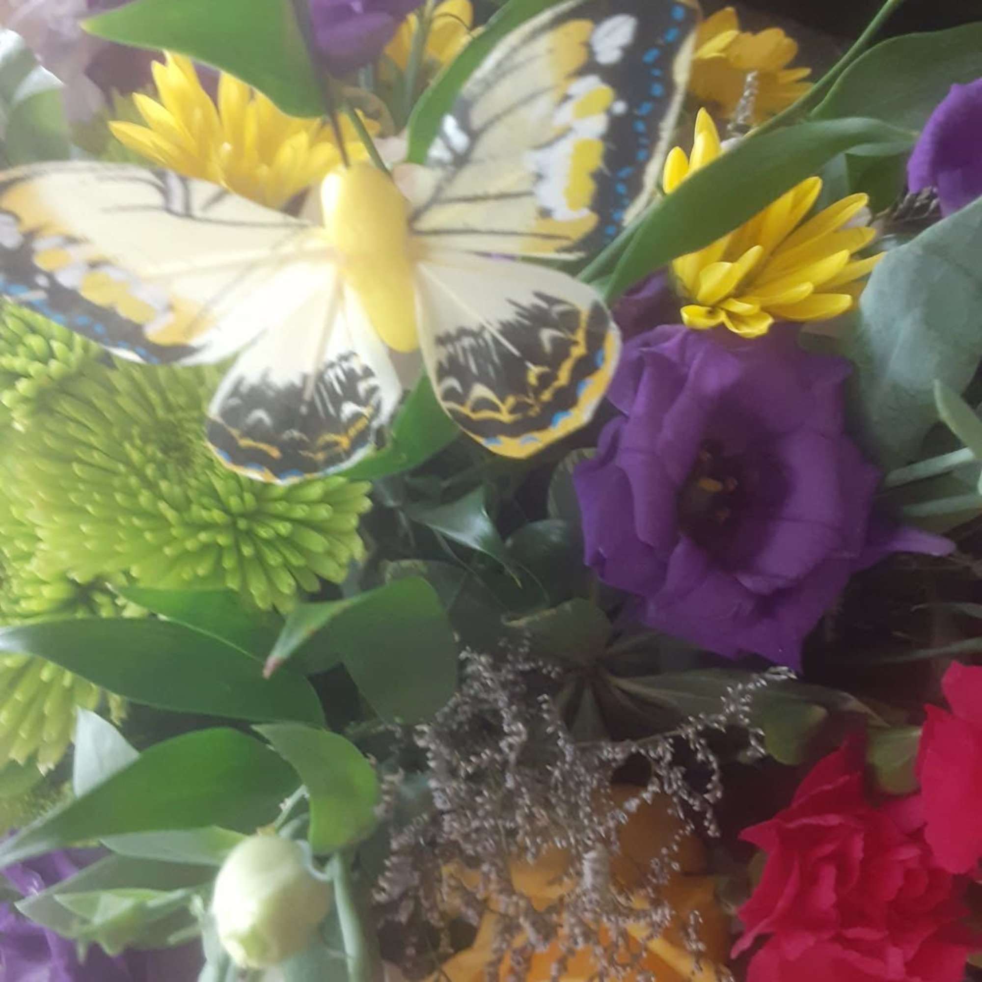 Beautiful mixed Flowers, Roses and More in a recycled fresh basil container