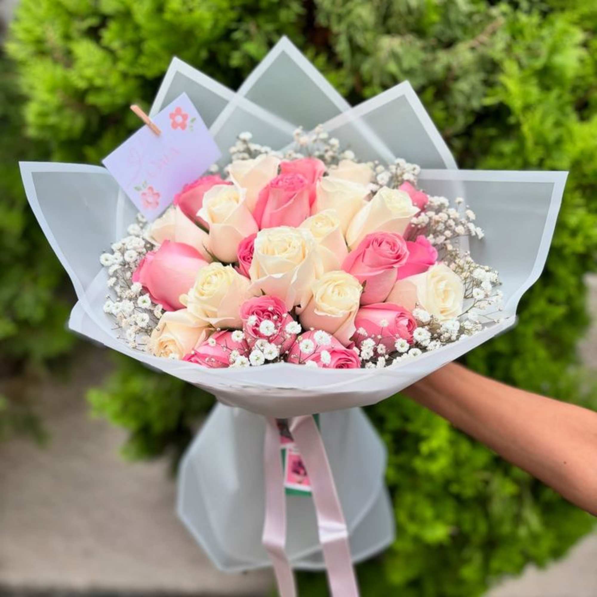 Bouquet of pink and cream roses wrapped in white paper