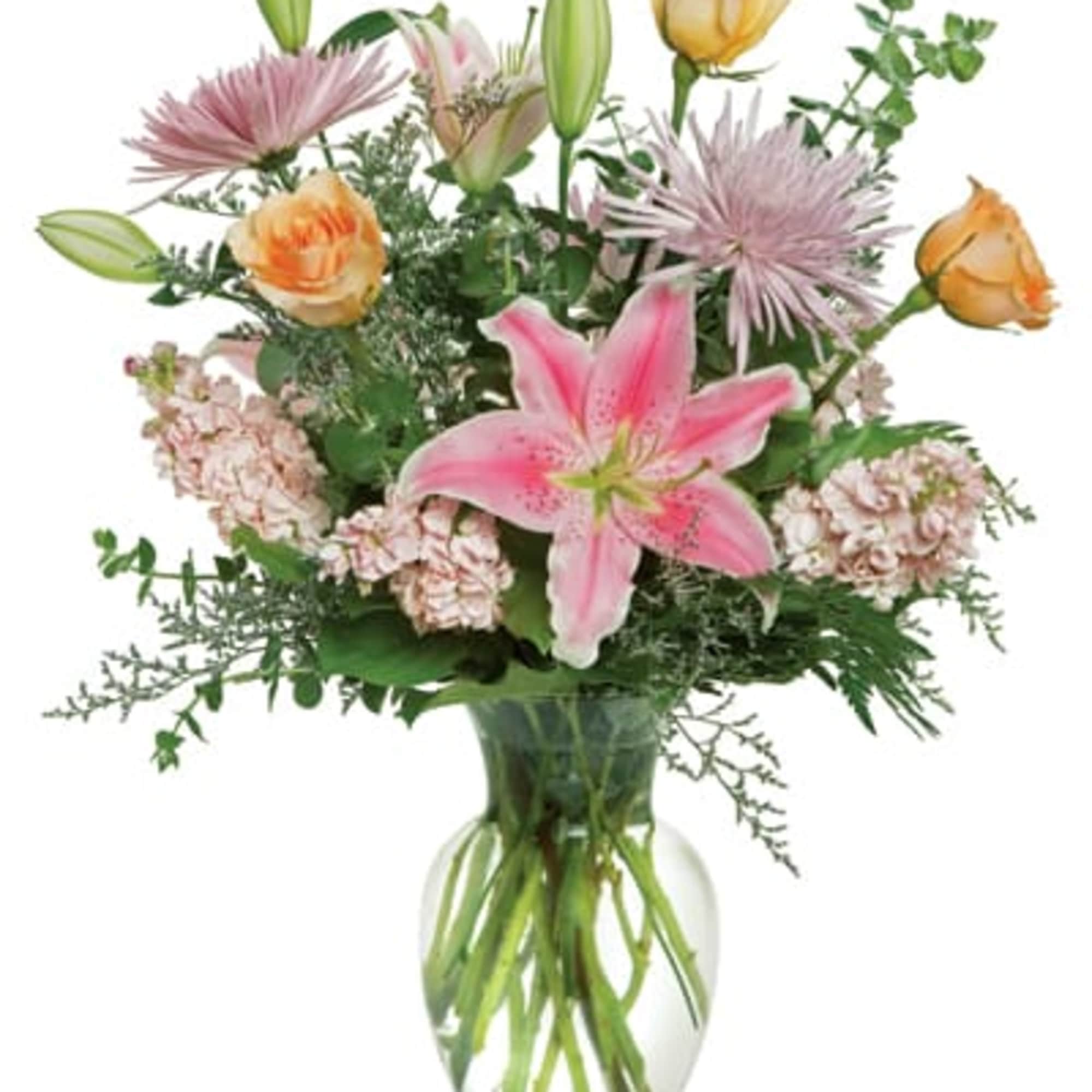 This flirty mix of pink and peach blossoms, mixed with greenery and