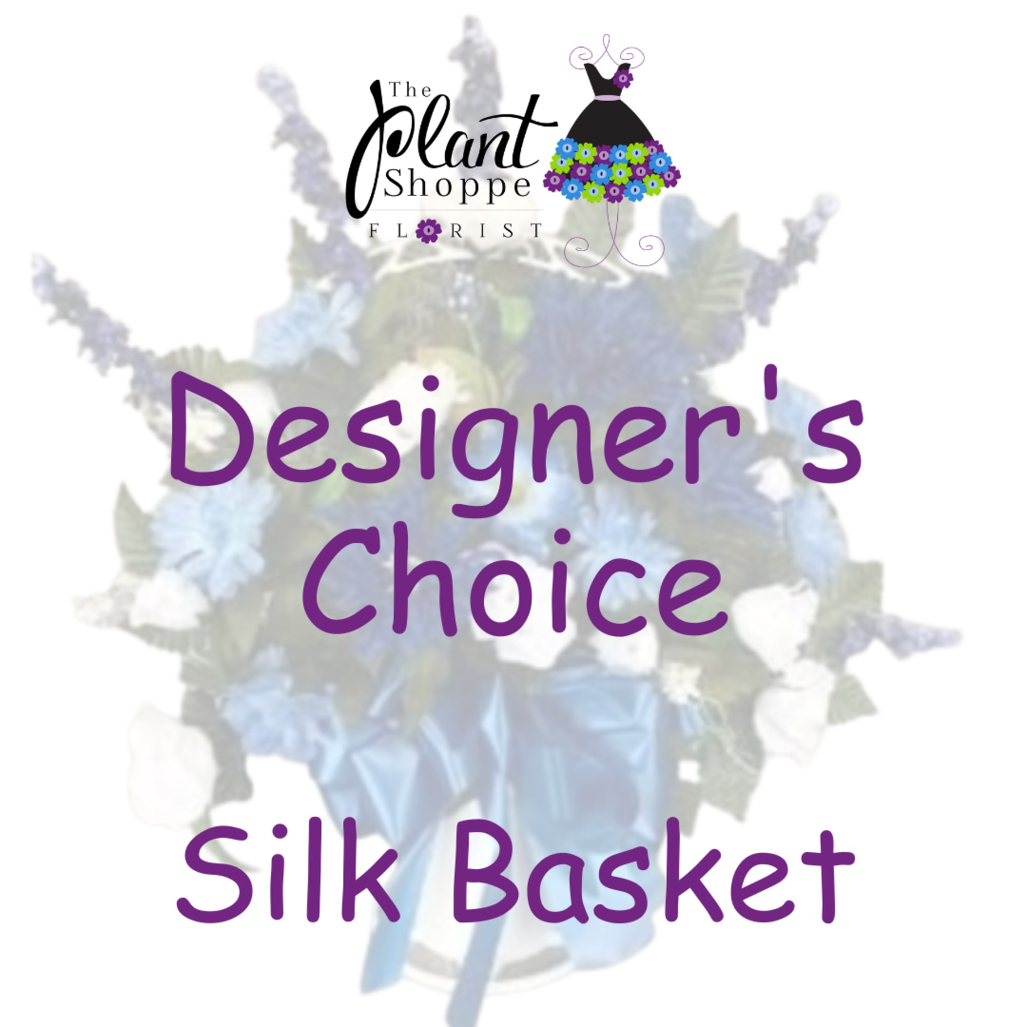 Silk flower basket with blue and white blooms and a ribbon