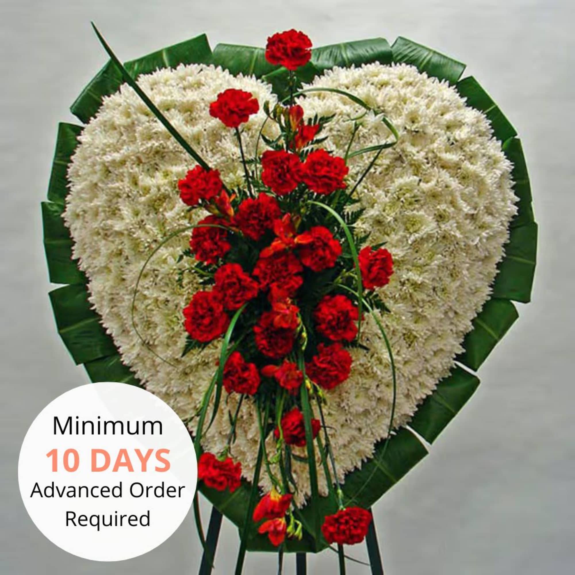 Heart-shaped white floral standing spray with red carnations on a green leaf backing.