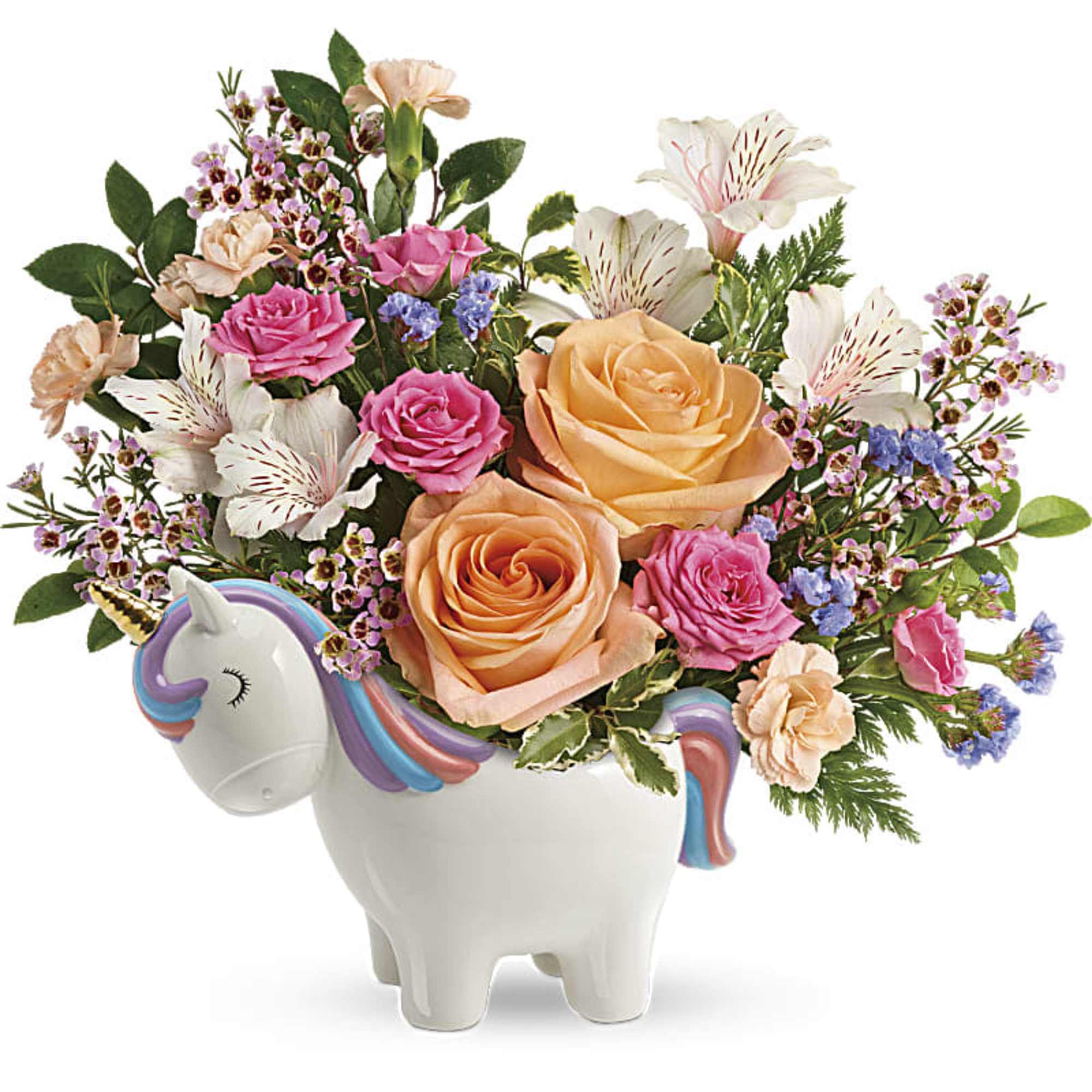 Bouquet of roses and alstroemeria in a unicorn-shaped vase