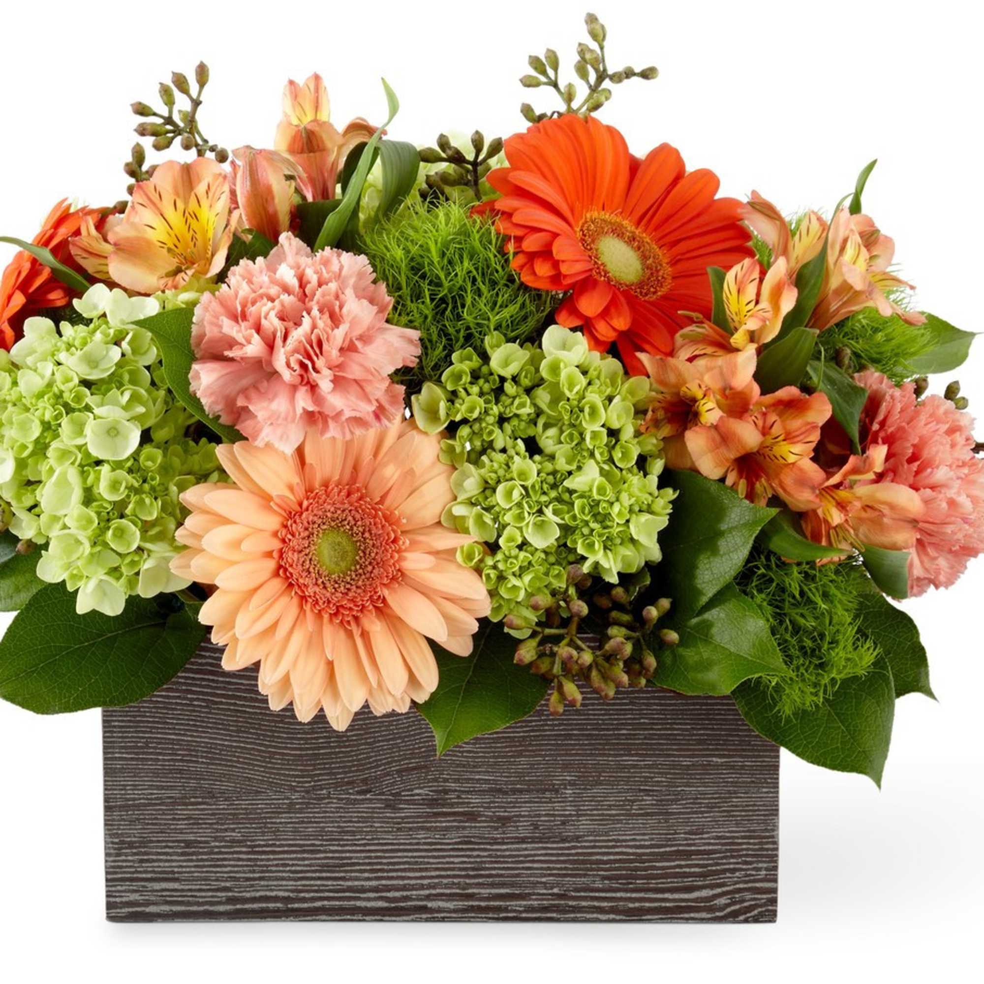 Mixed bouquet in a rectangular wooden box with orange and peach flowers