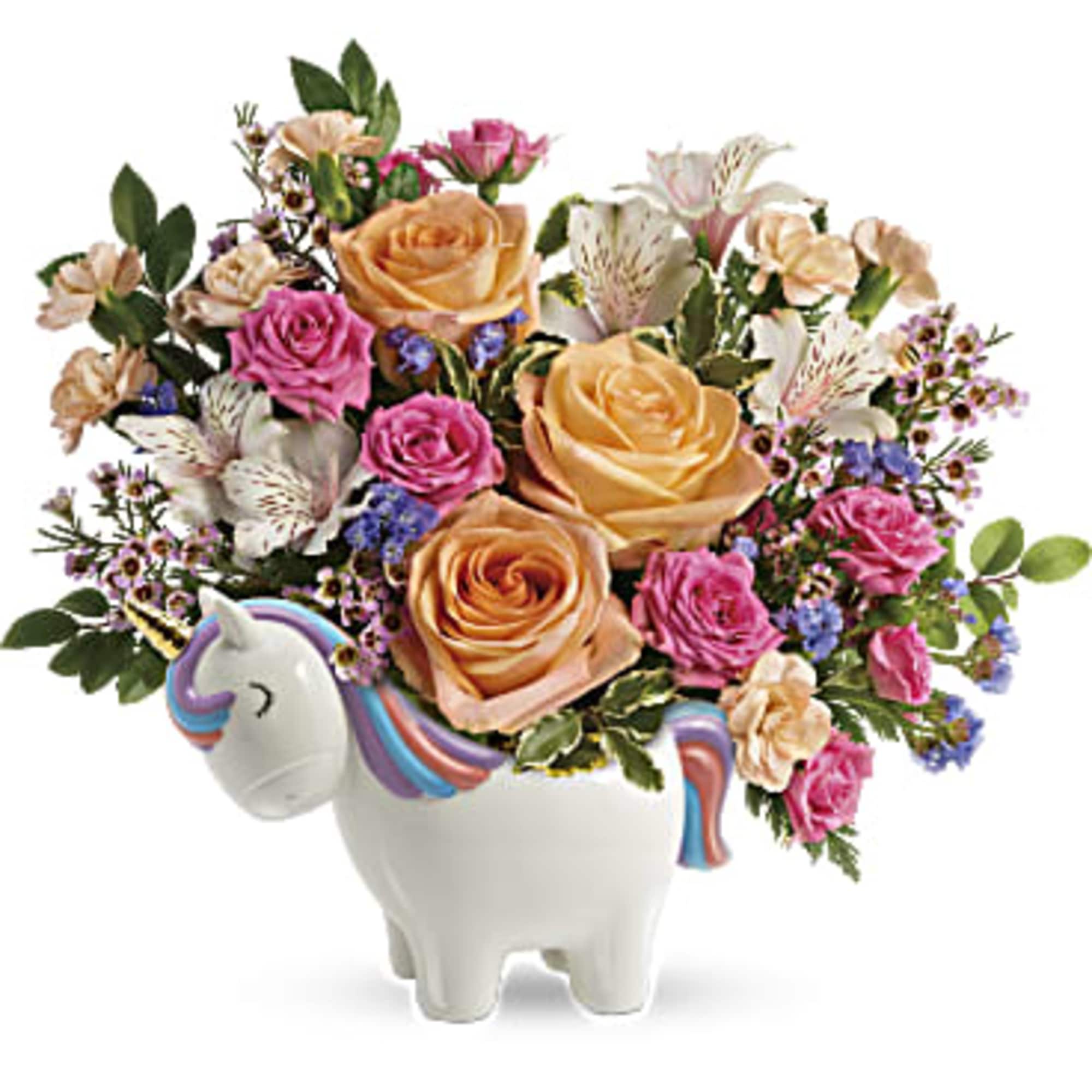 Bouquet of roses and alstroemeria in a unicorn-shaped vase