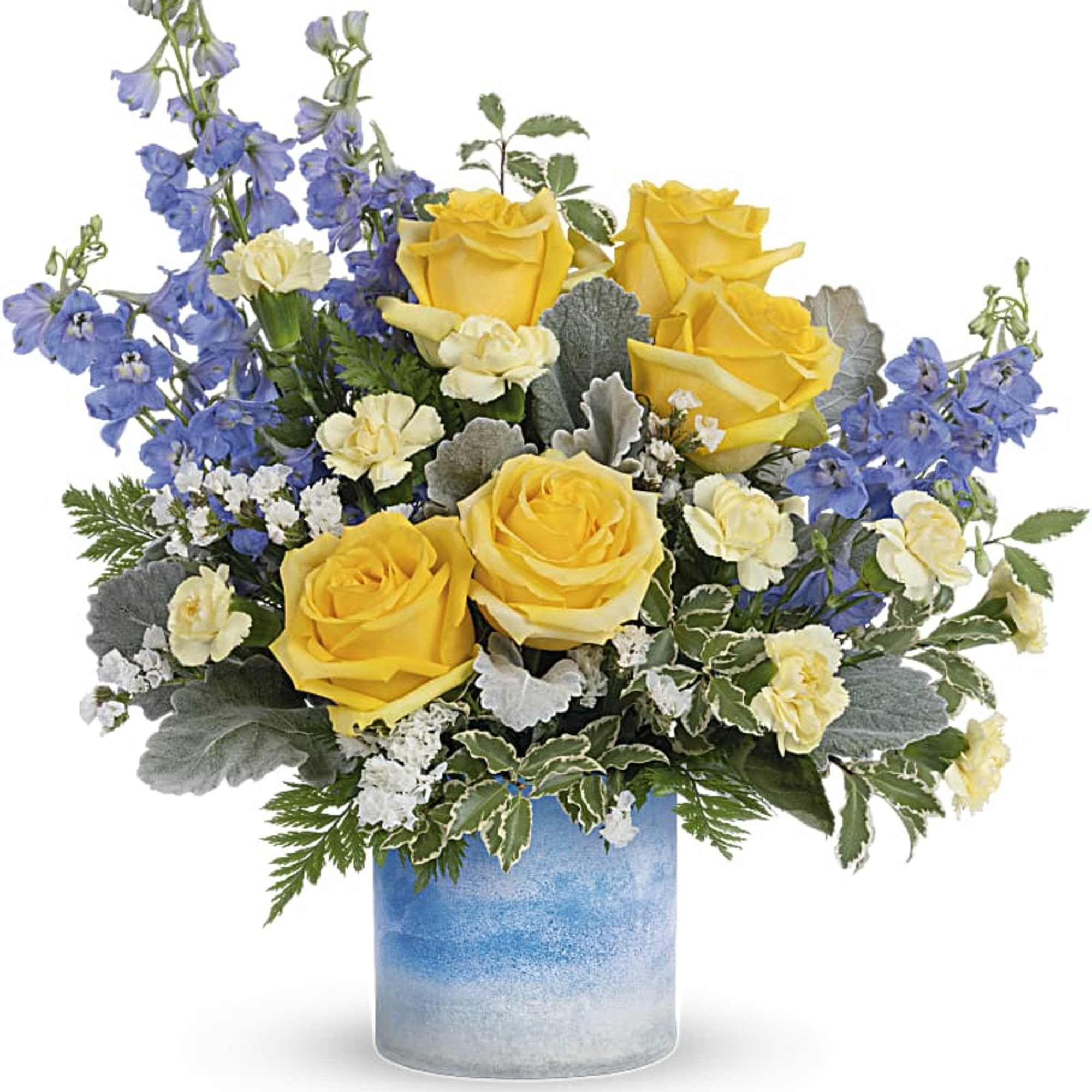 Yellow roses and blue delphinium in a blue vase
