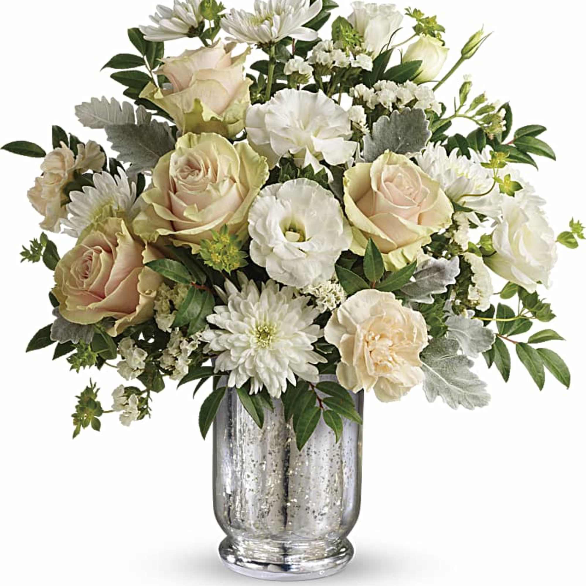 Timeless and touching, this serenely beautiful bouquet of peach and white blooms