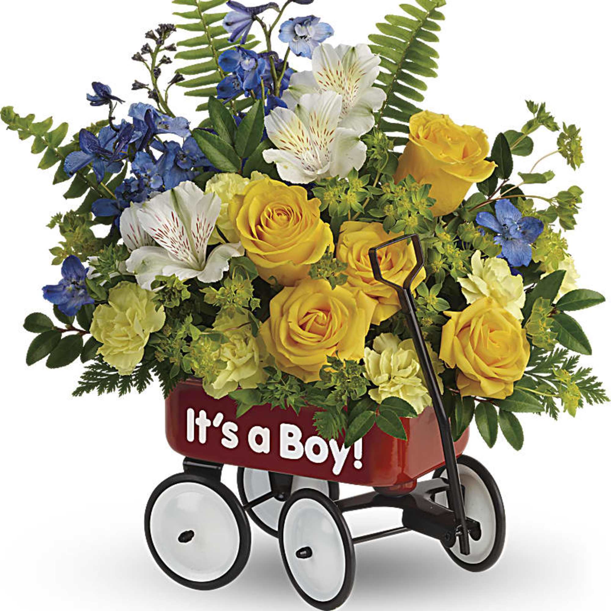 Bouquet in a red wagon with yellow roses, blue flowers, and a "It's a Boy!" sign