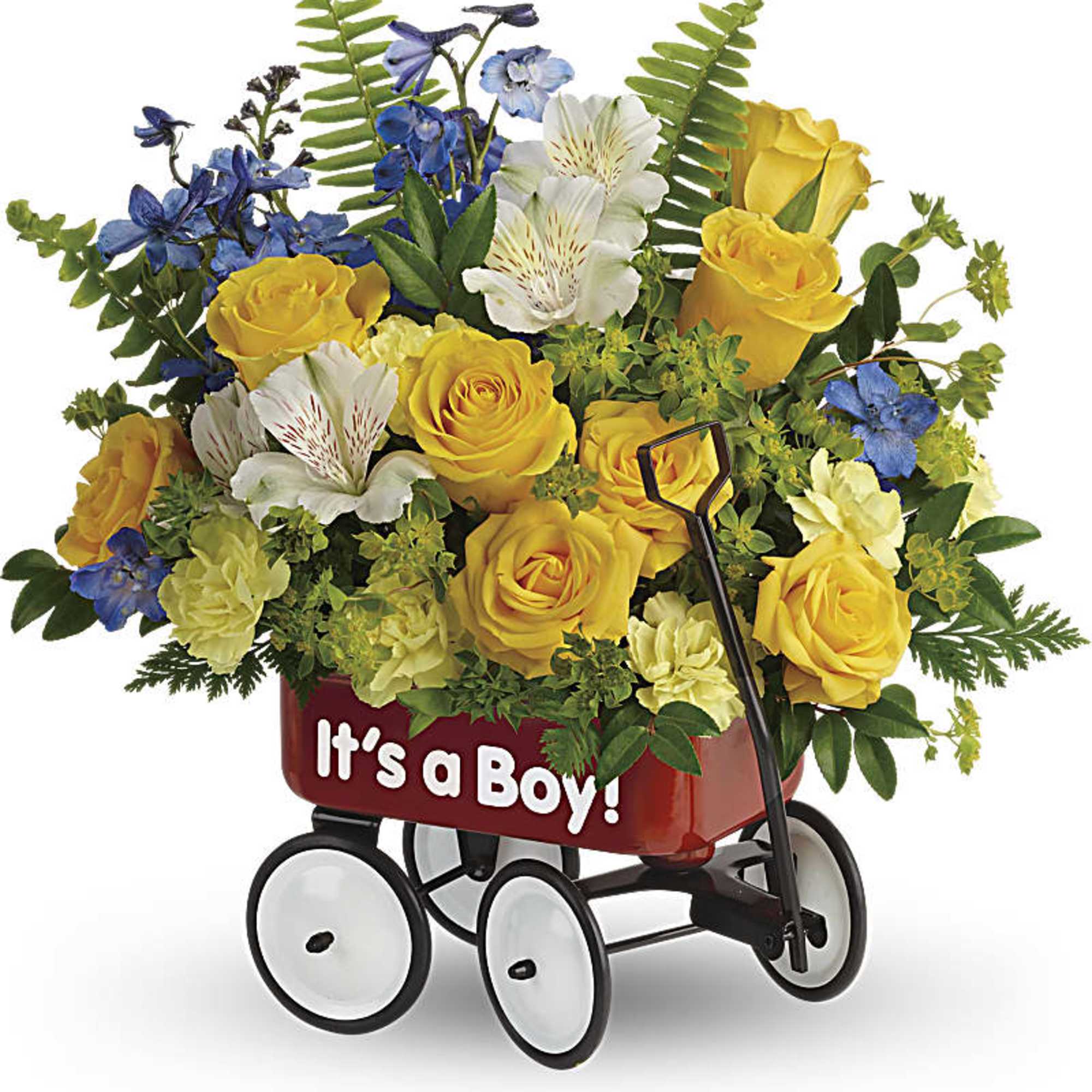 Yellow and blue flower arrangement in a red wagon with "It's a Boy!" text