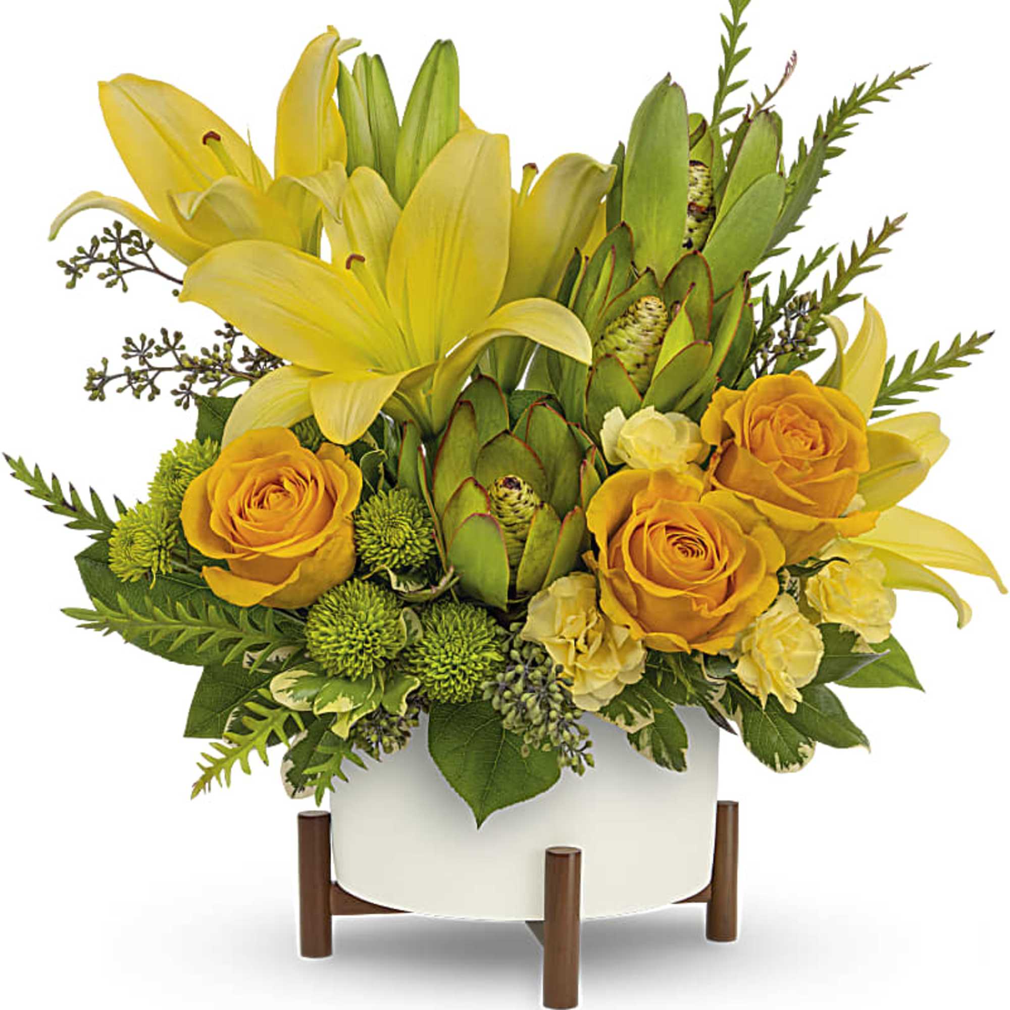 Yellow lilies and orange roses in a white vase