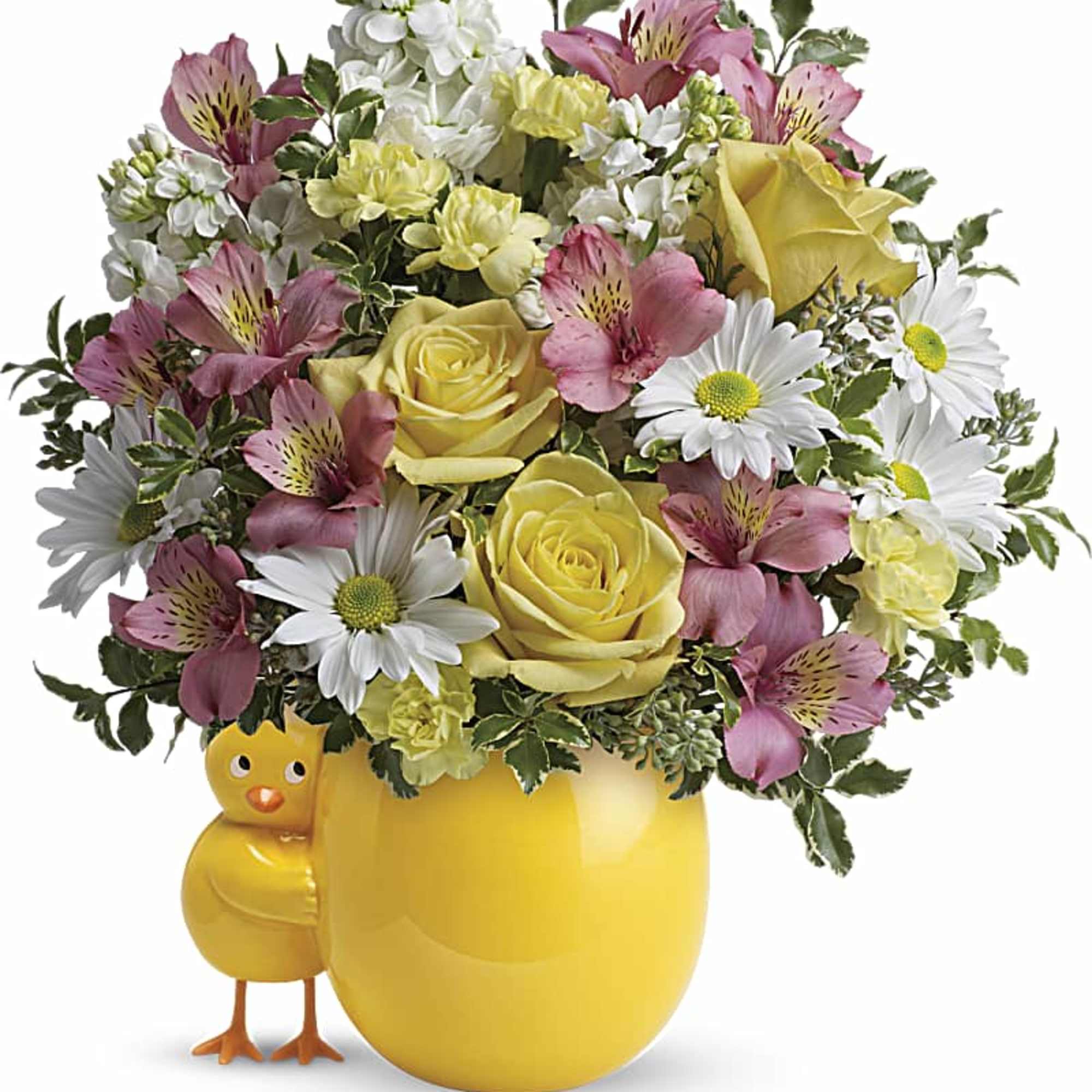 Bouquet of yellow roses, pink alstroemeria, and white daisies in a yellow chick vase
