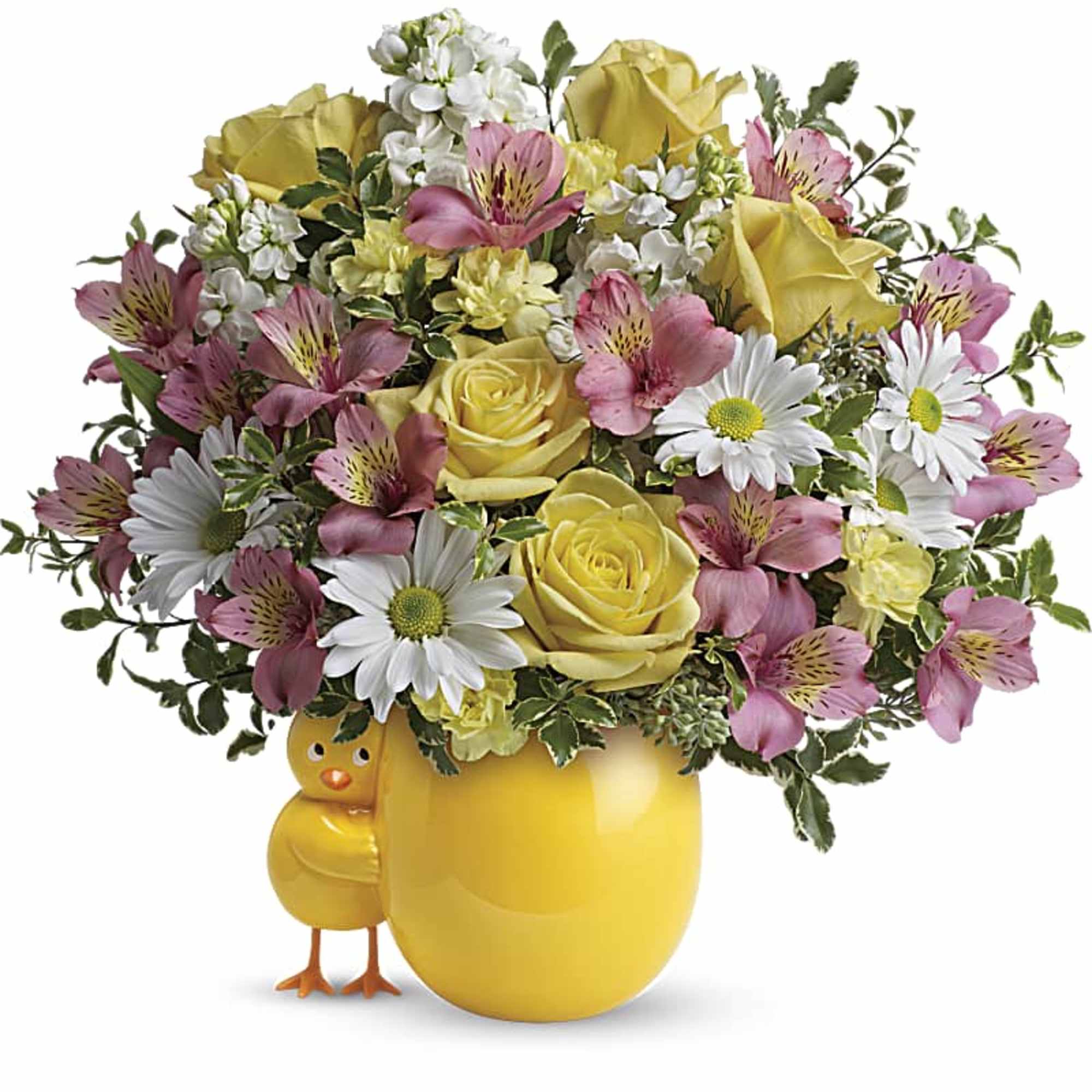 Yellow rose bouquet in a yellow vase with a chick decoration
