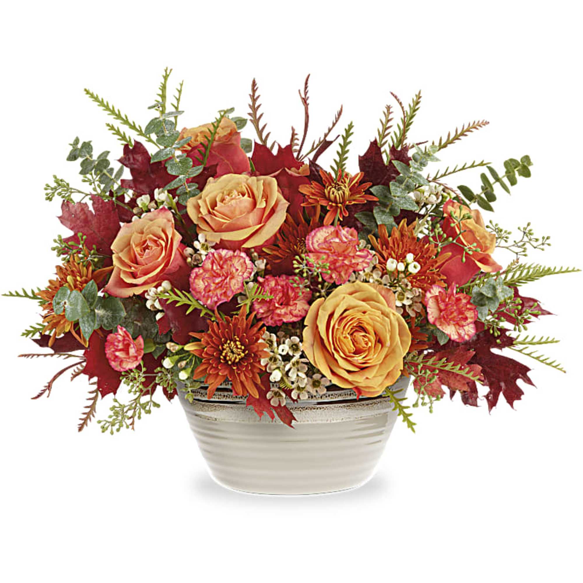 Autumn floral arrangement in a white bowl vase with orange roses and mums