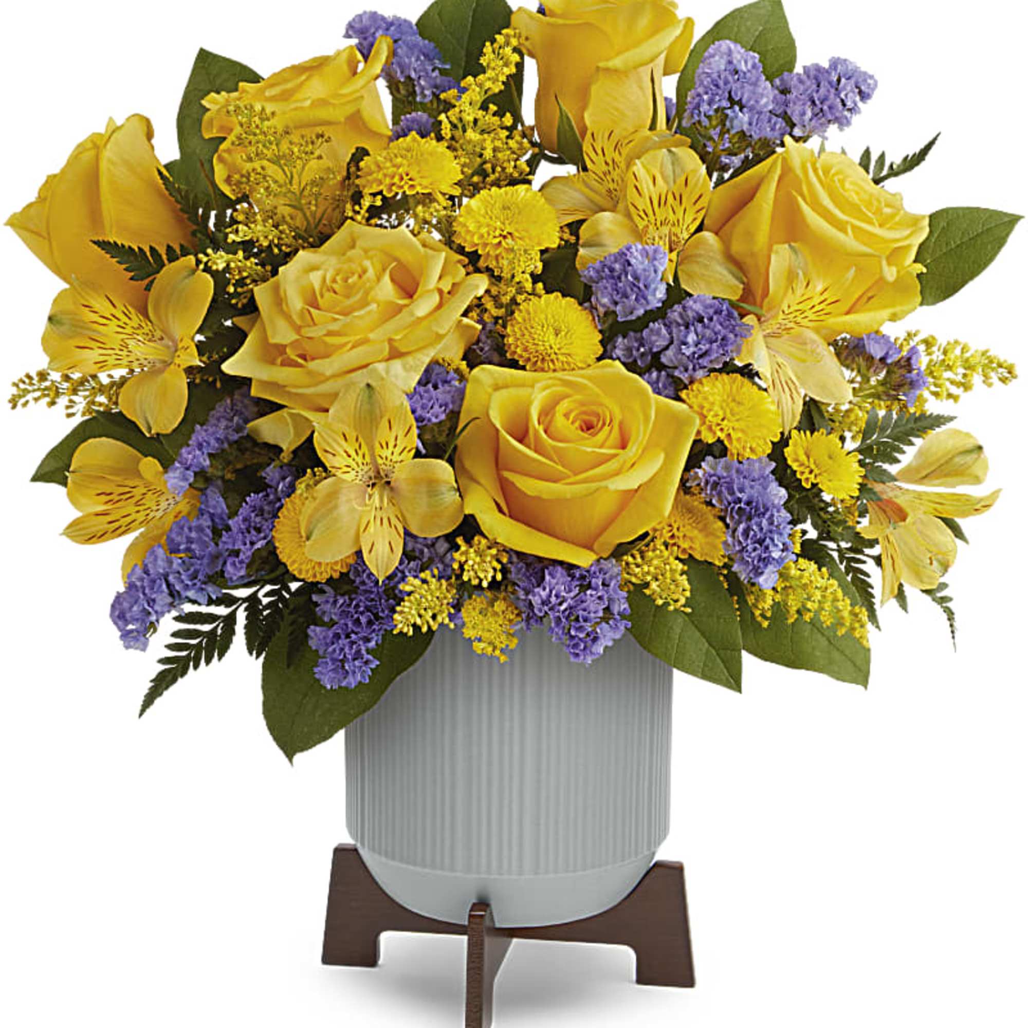 Cool and contemporary meets bright and fun! Cheerful yellow roses get a