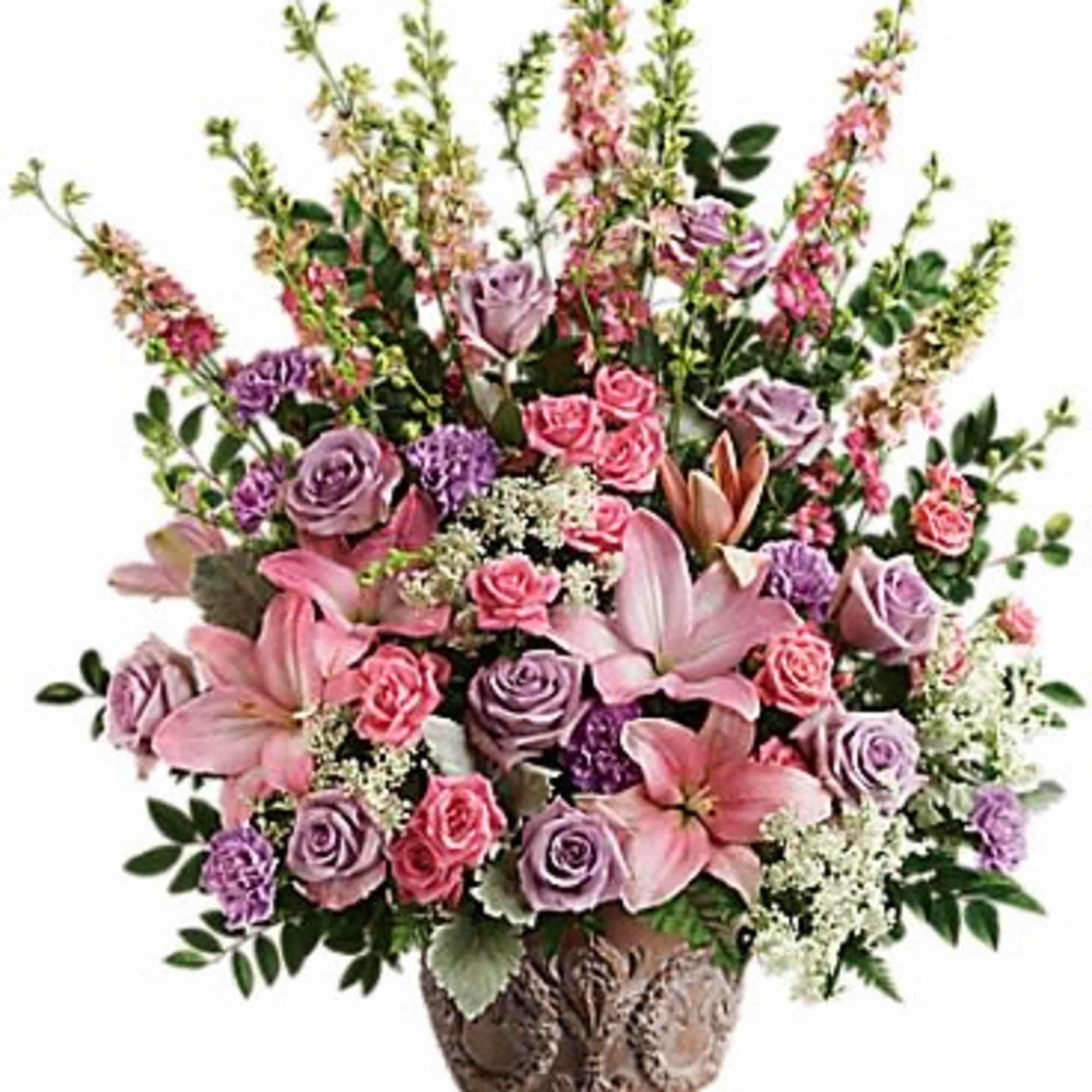 Pink and lavender floral arrangement in a decorative vase
