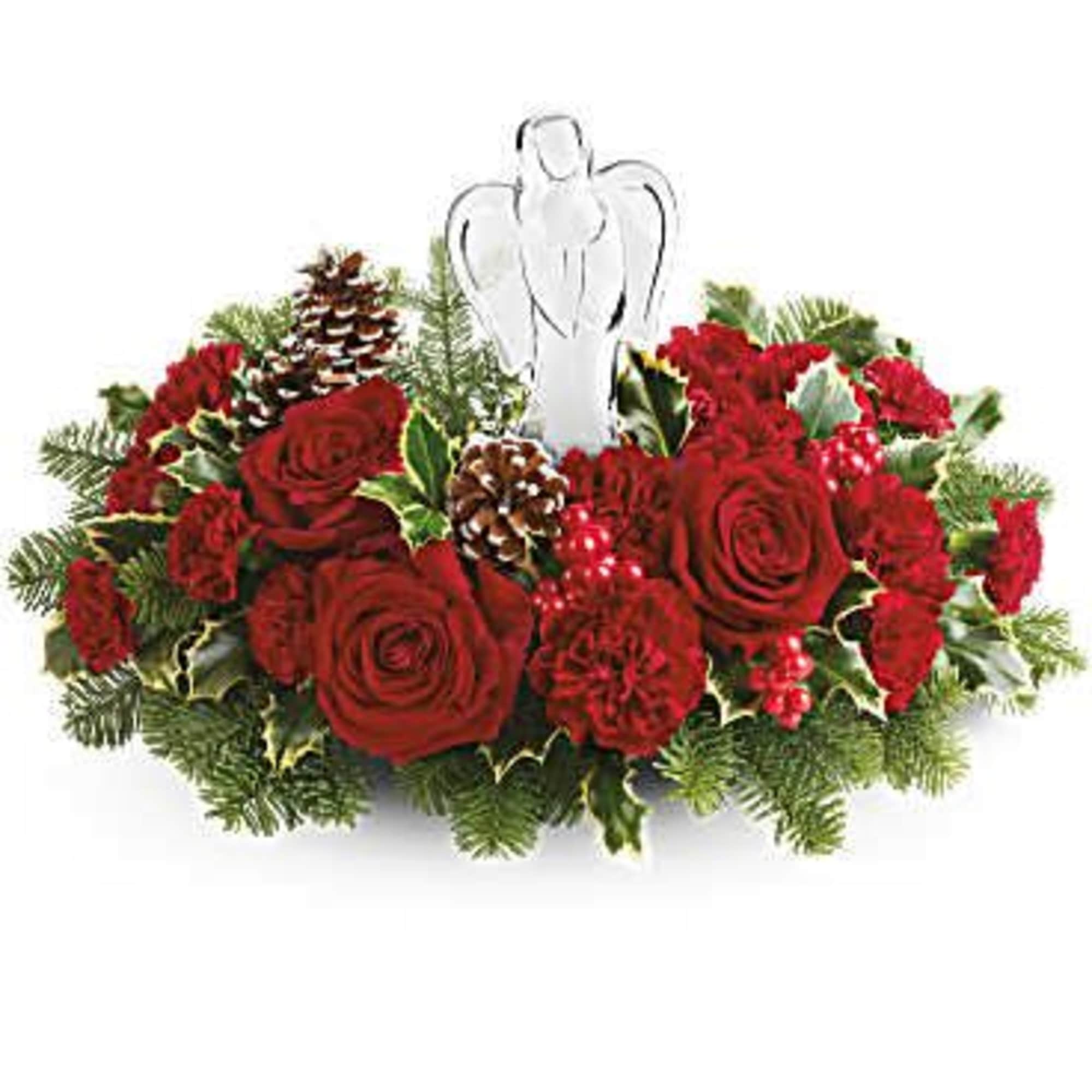 Red rose centerpiece with an angel figurine and pinecones