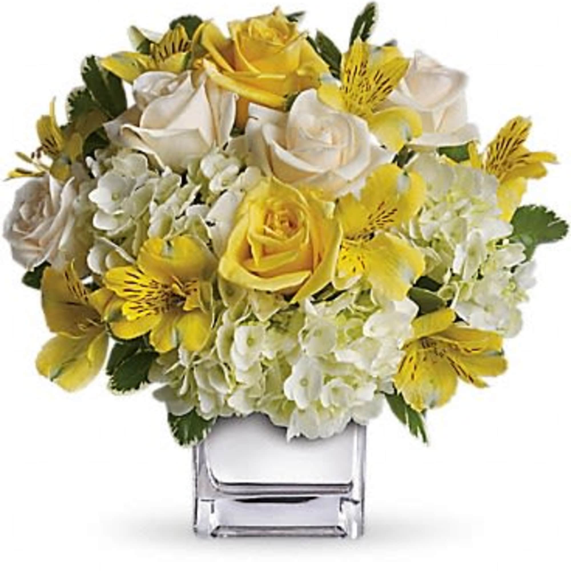 This sparkling array of sunny favorites in a silver cube vase will