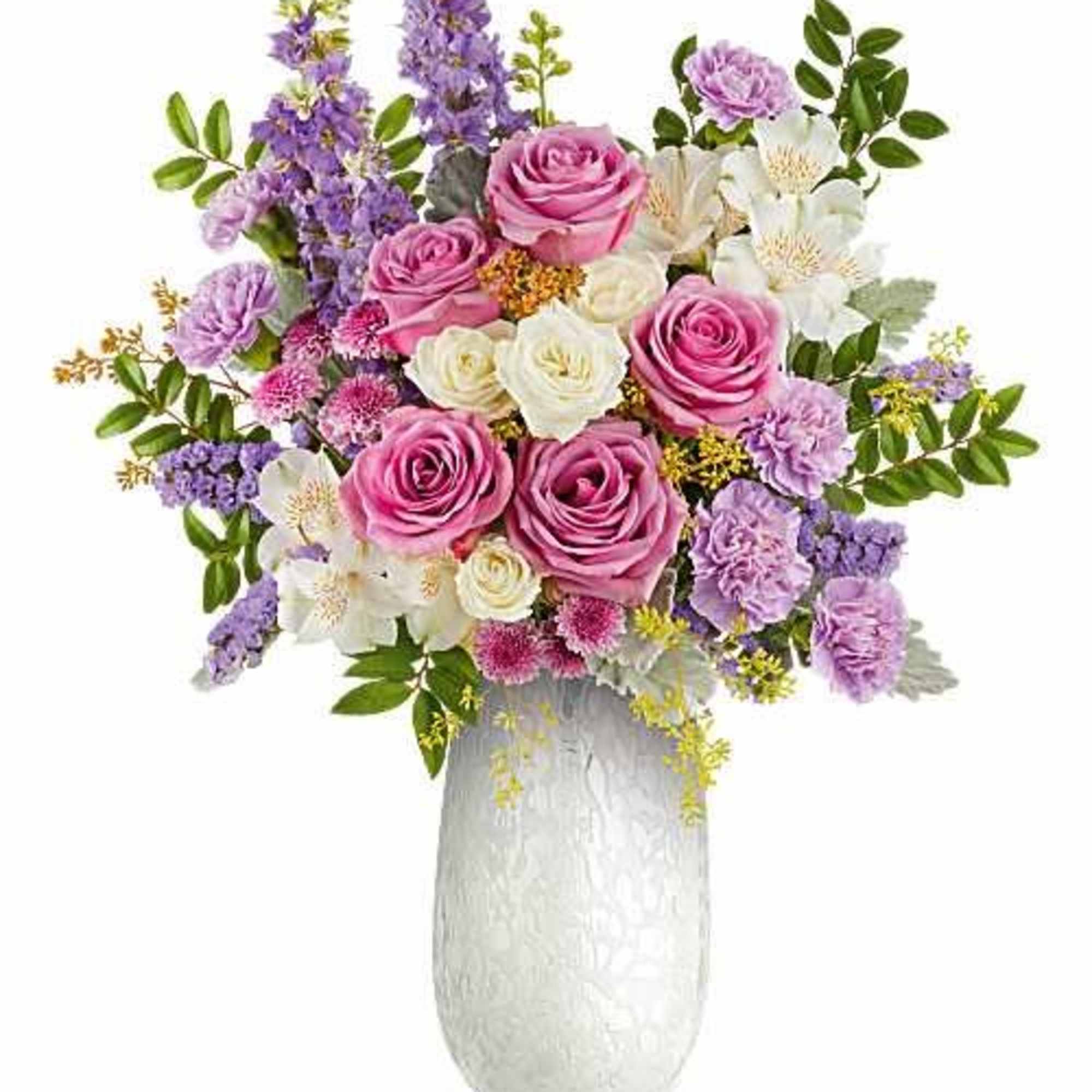 Soft lavender delphinium spires and a pastel trio of pink, white, and