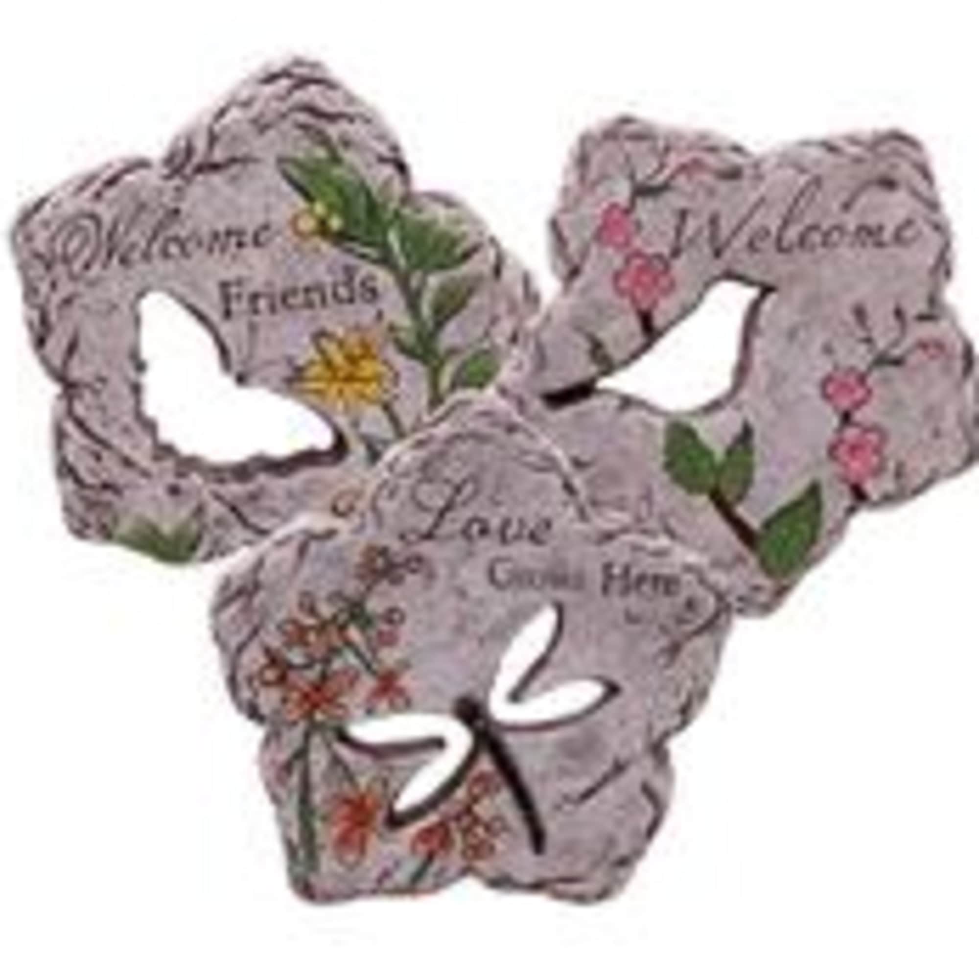 Three decorative stone plaques with floral designs and words like Welcome and Love