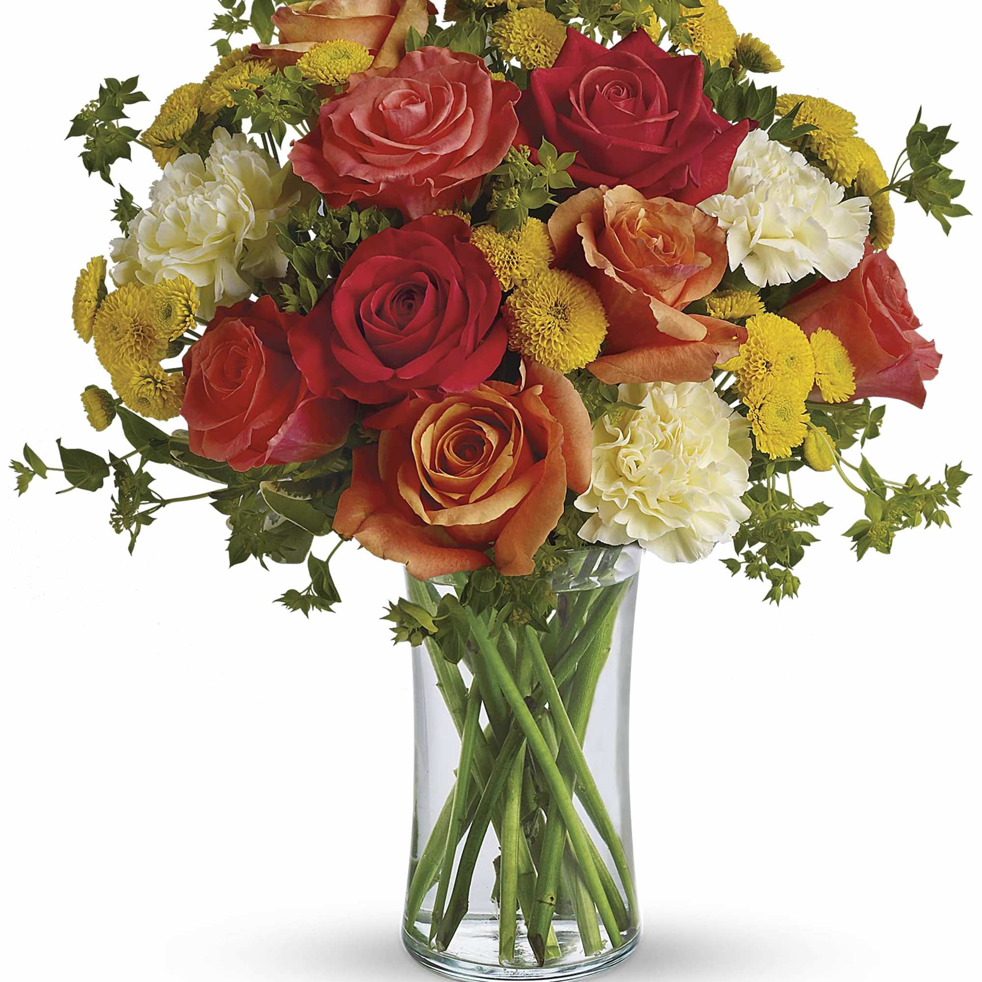 Mixed roses and carnations in a clear glass vase