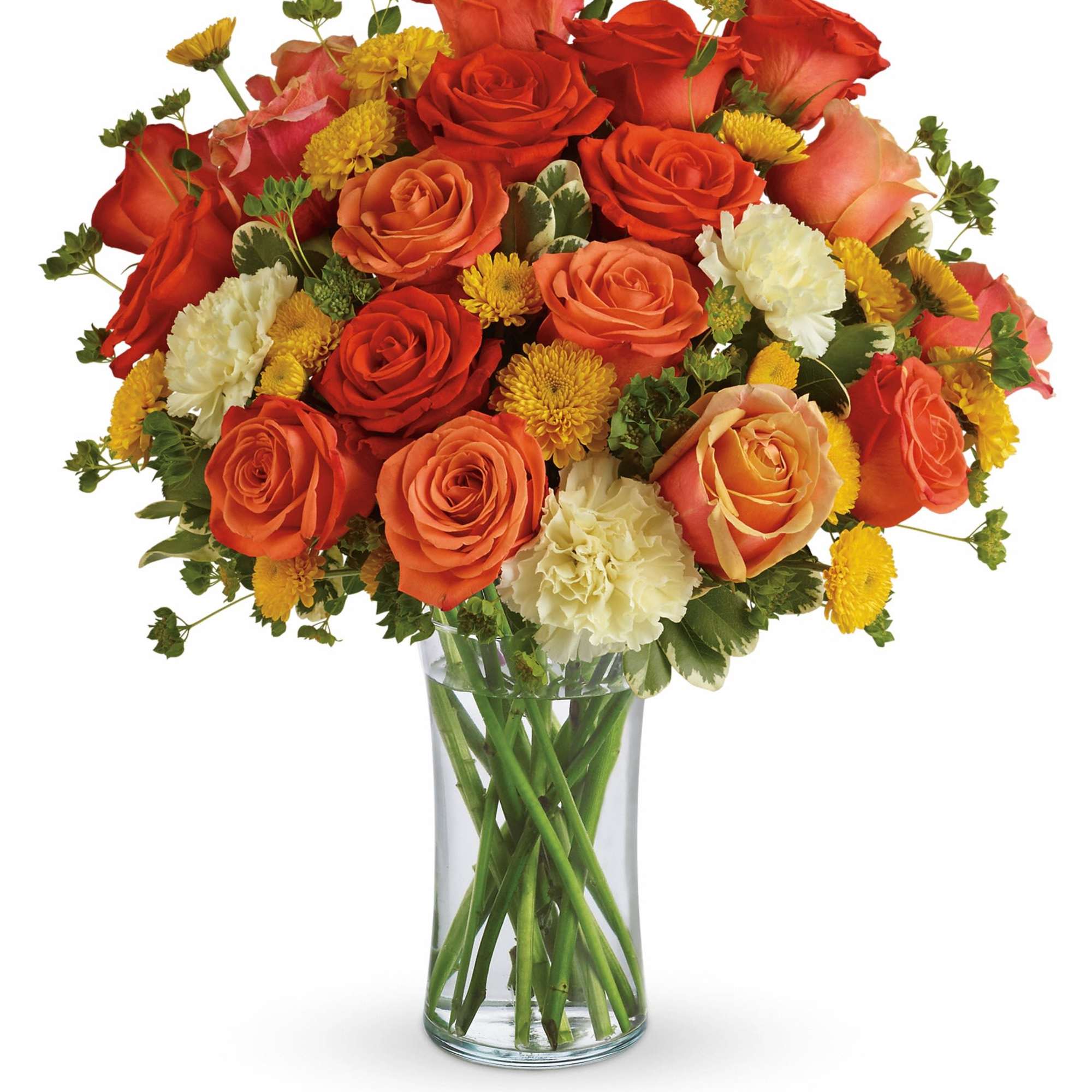 Bouquet of orange and red roses with yellow and white flowers in a glass vase