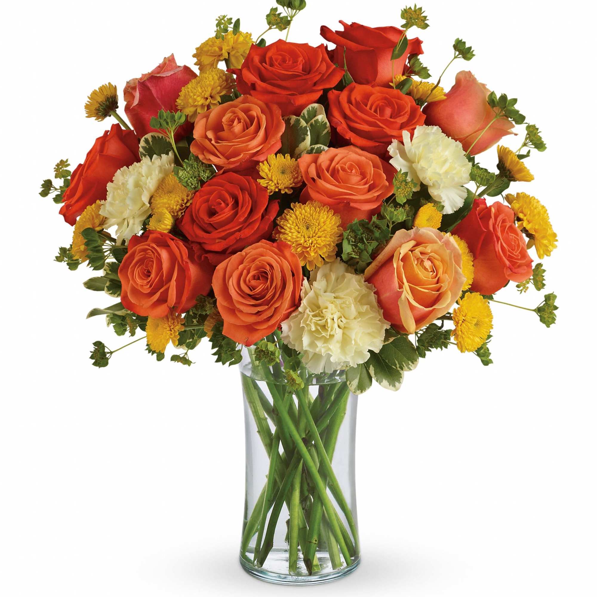 Bouquet of orange and red roses with yellow accents in a clear glass vase