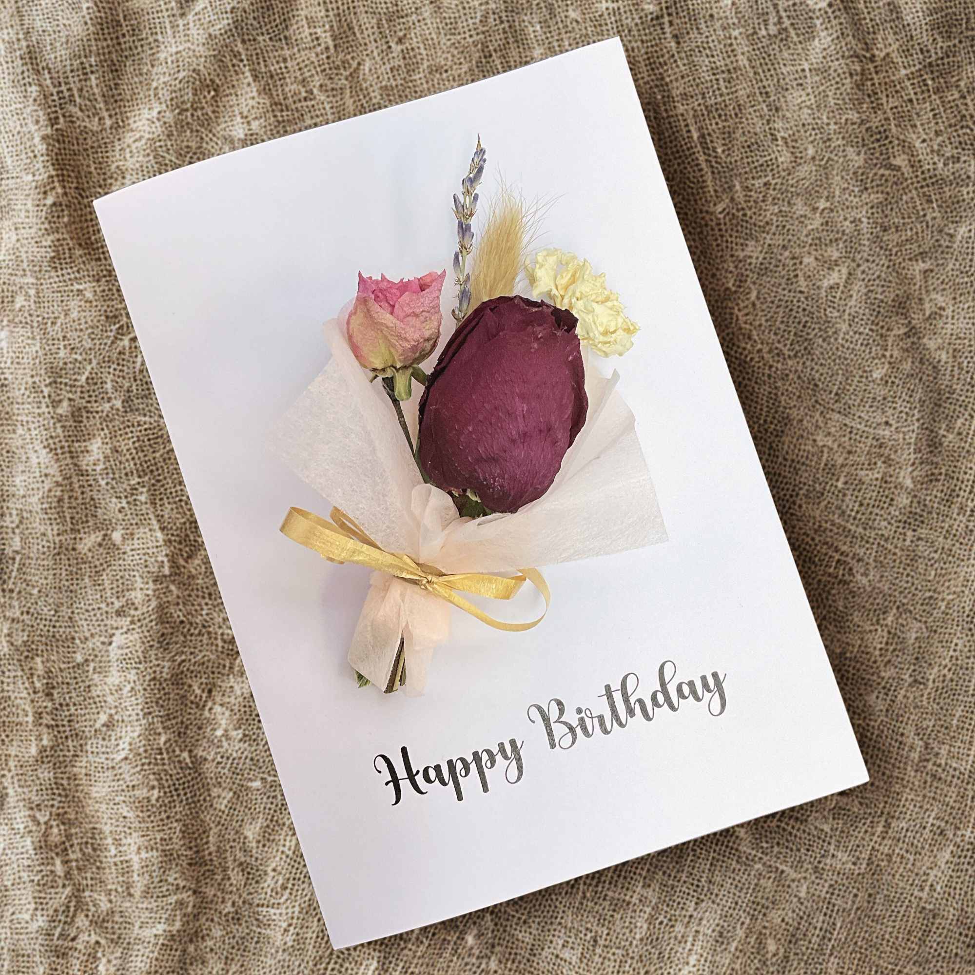 Handmade dried flower birthday card. Each card is custom-made, and the design