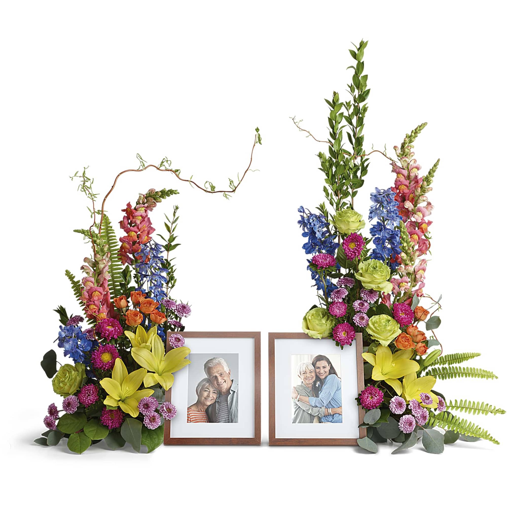 Two floral photo frames with colorful flowers and greenery