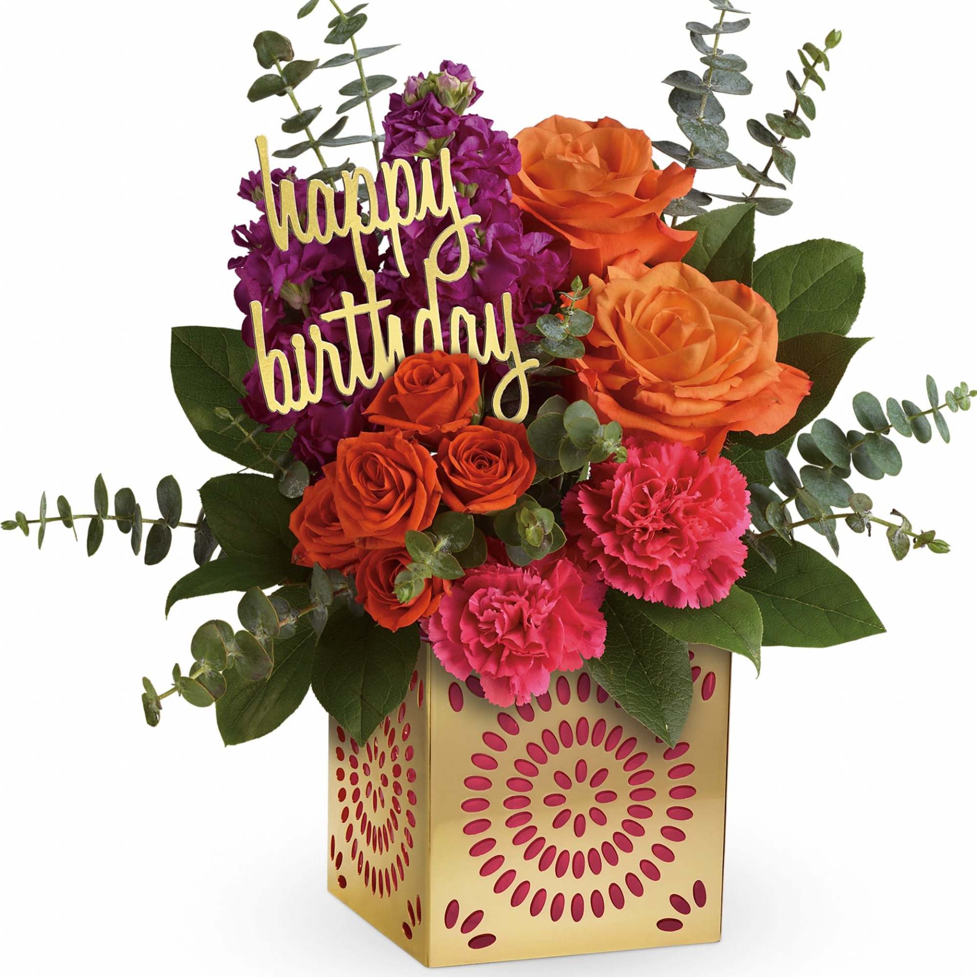 Birthday flower arrangement with roses, carnations, and a happy birthday sign