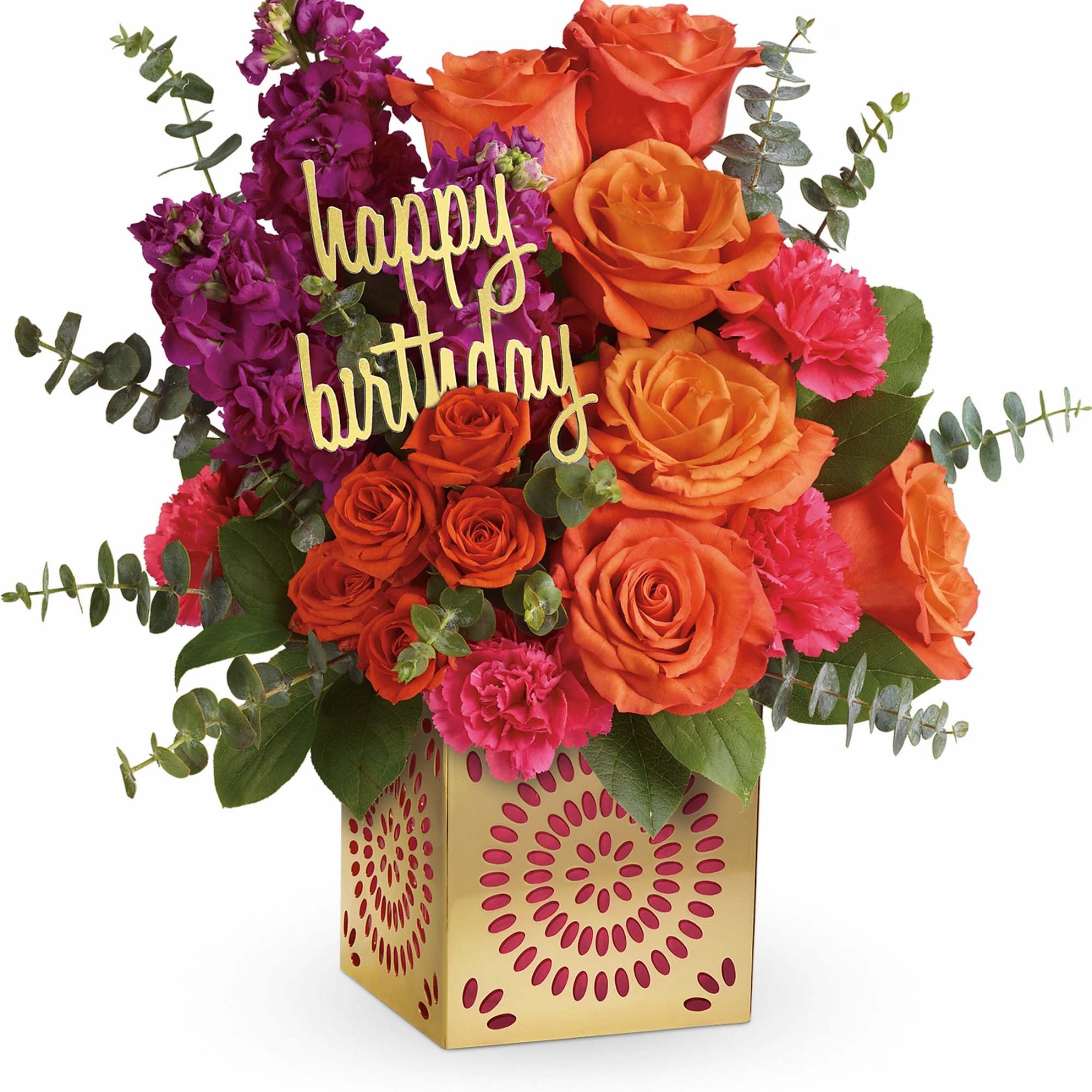 Orange and purple flower arrangement with a happy birthday sign in a gold box