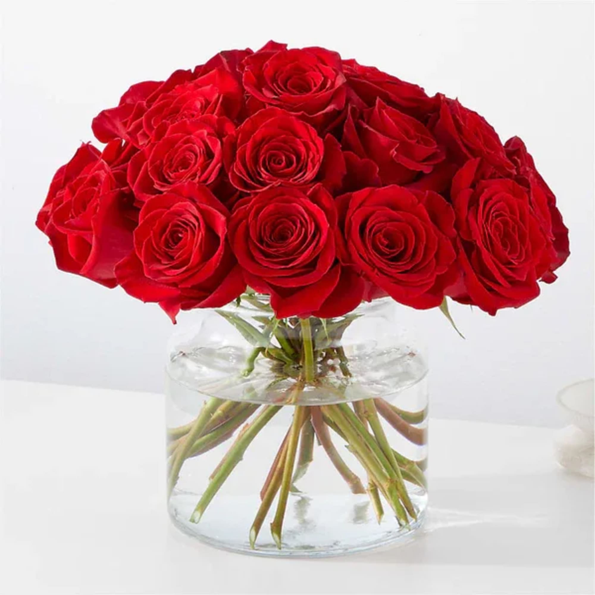 Red roses arranged in a clear glass vase