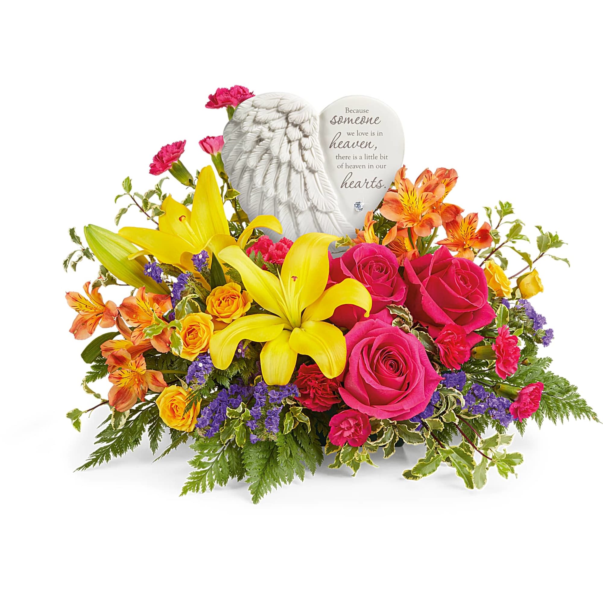 Bright mixed flower arrangement with a memorial angel plaque