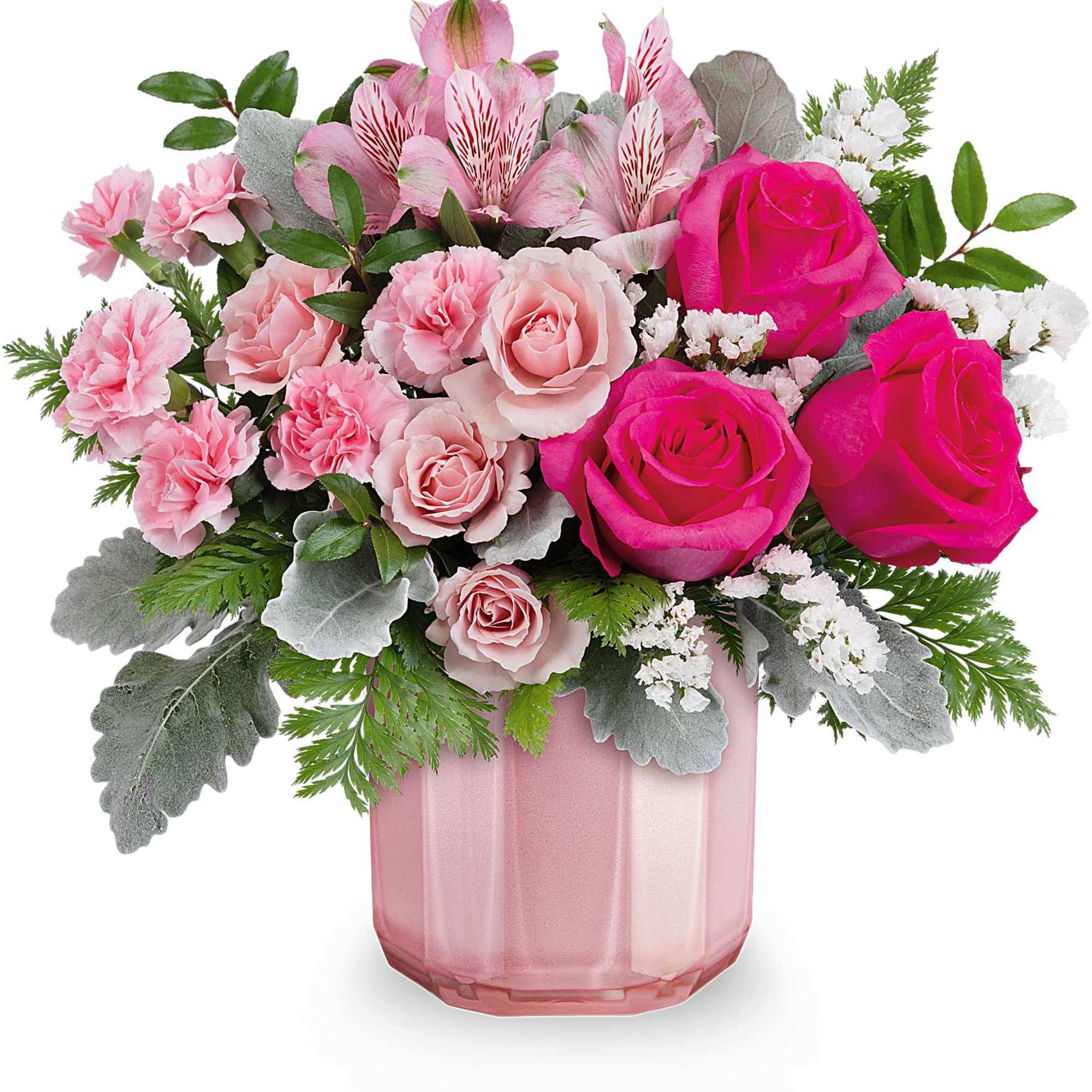 Pink roses and carnations in a pink glass vase