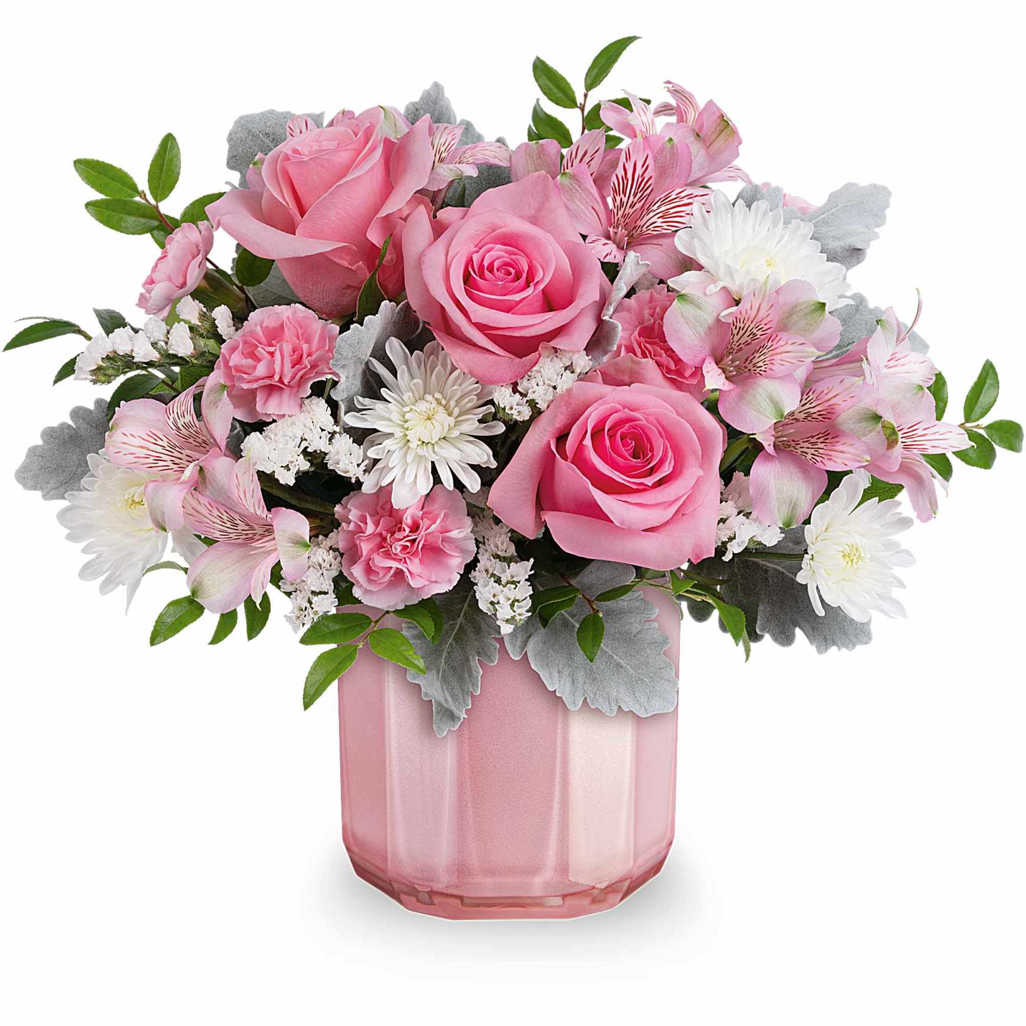 Pink roses and white daisies arranged in a pink glass vase