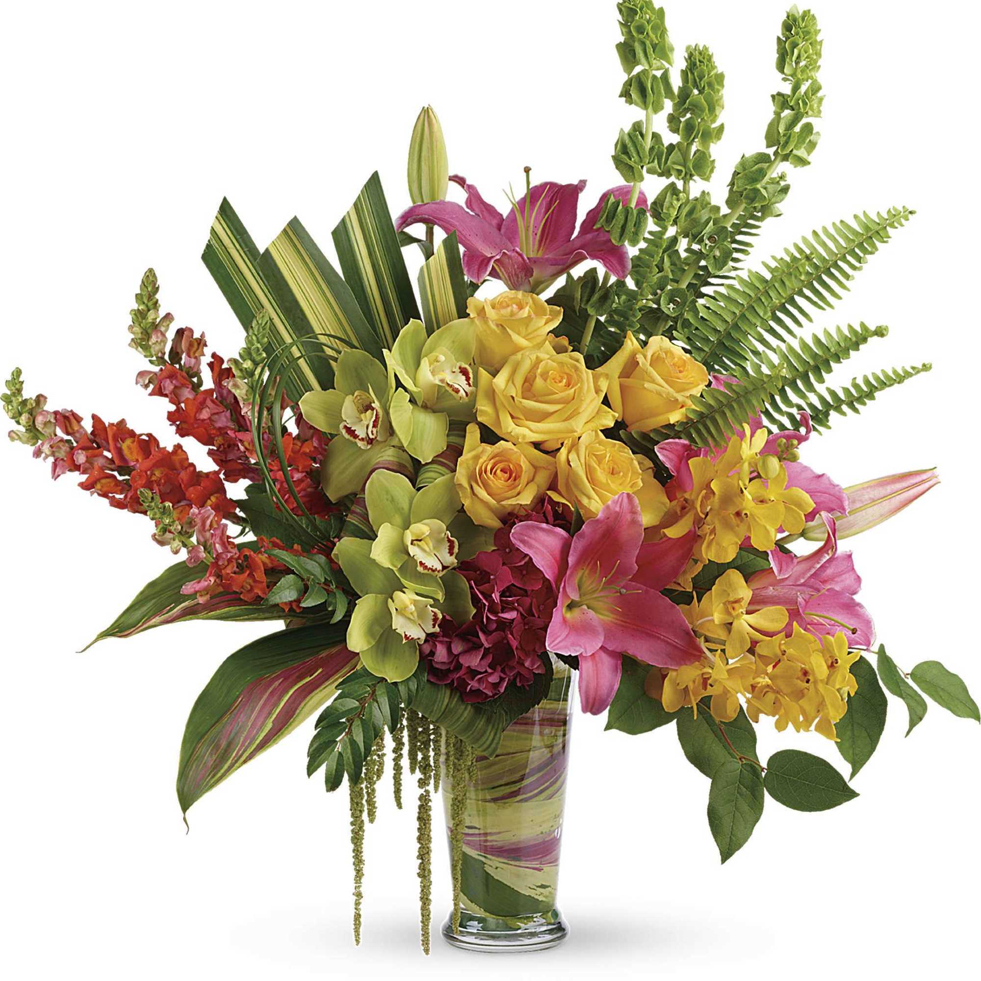 Colorful bouquet with roses, lilies, and orchids in a glass vase