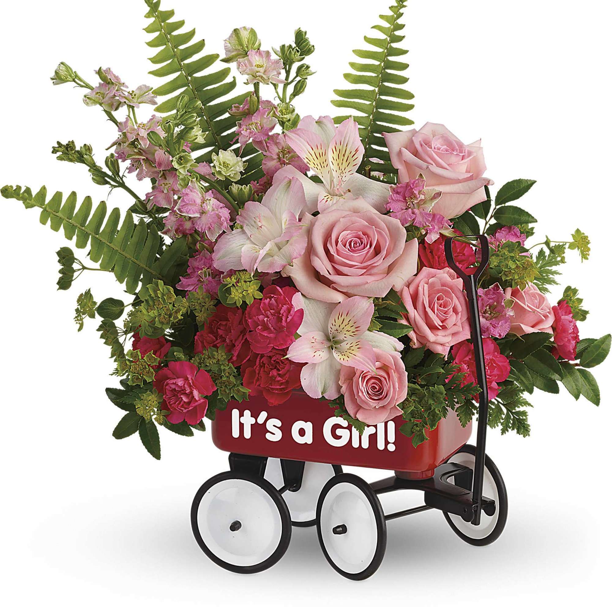 Pink roses and mixed flowers in a red wagon with "It's a Girl!" text