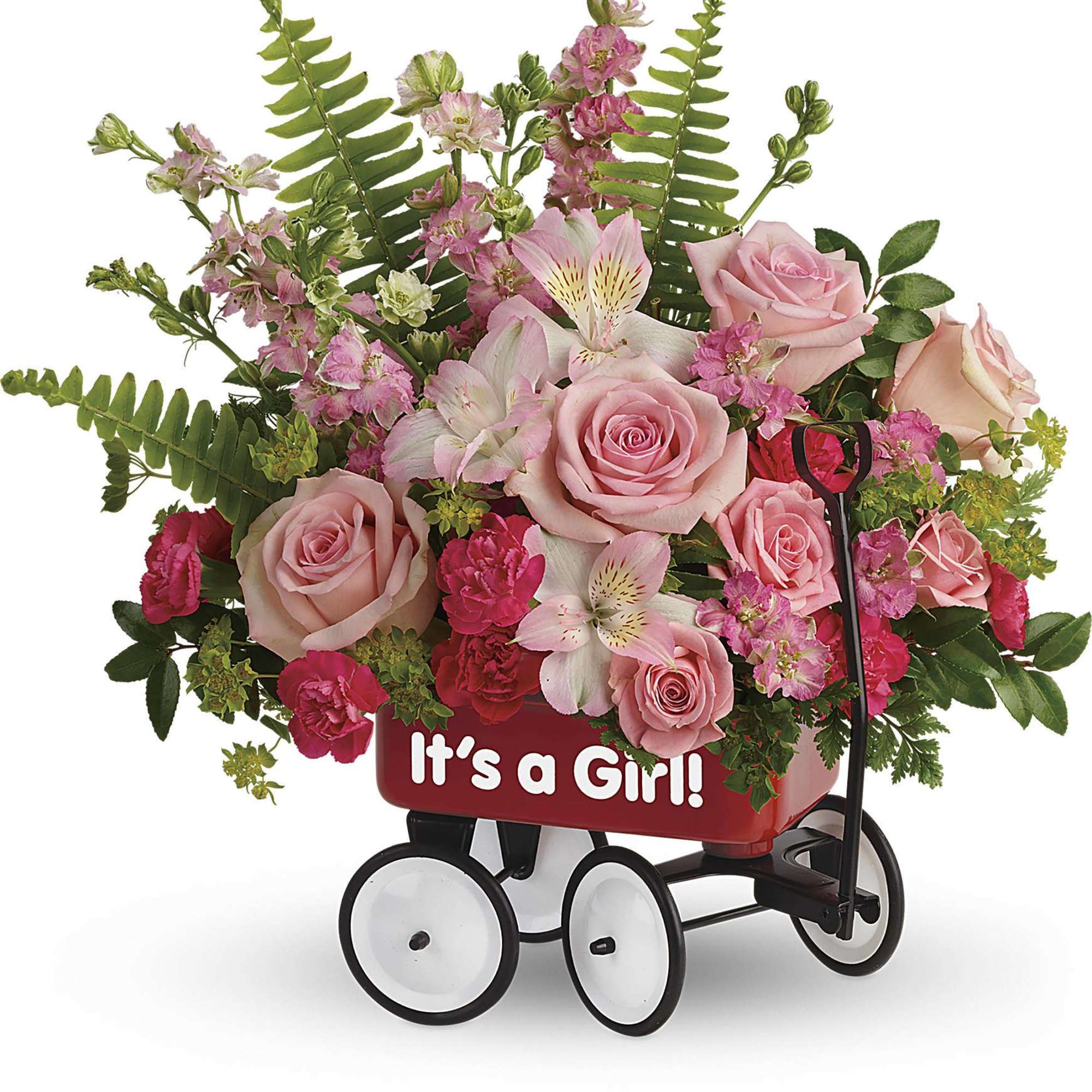 Pink roses and mixed blooms arranged in a red wagon with "It's a Girl!" text