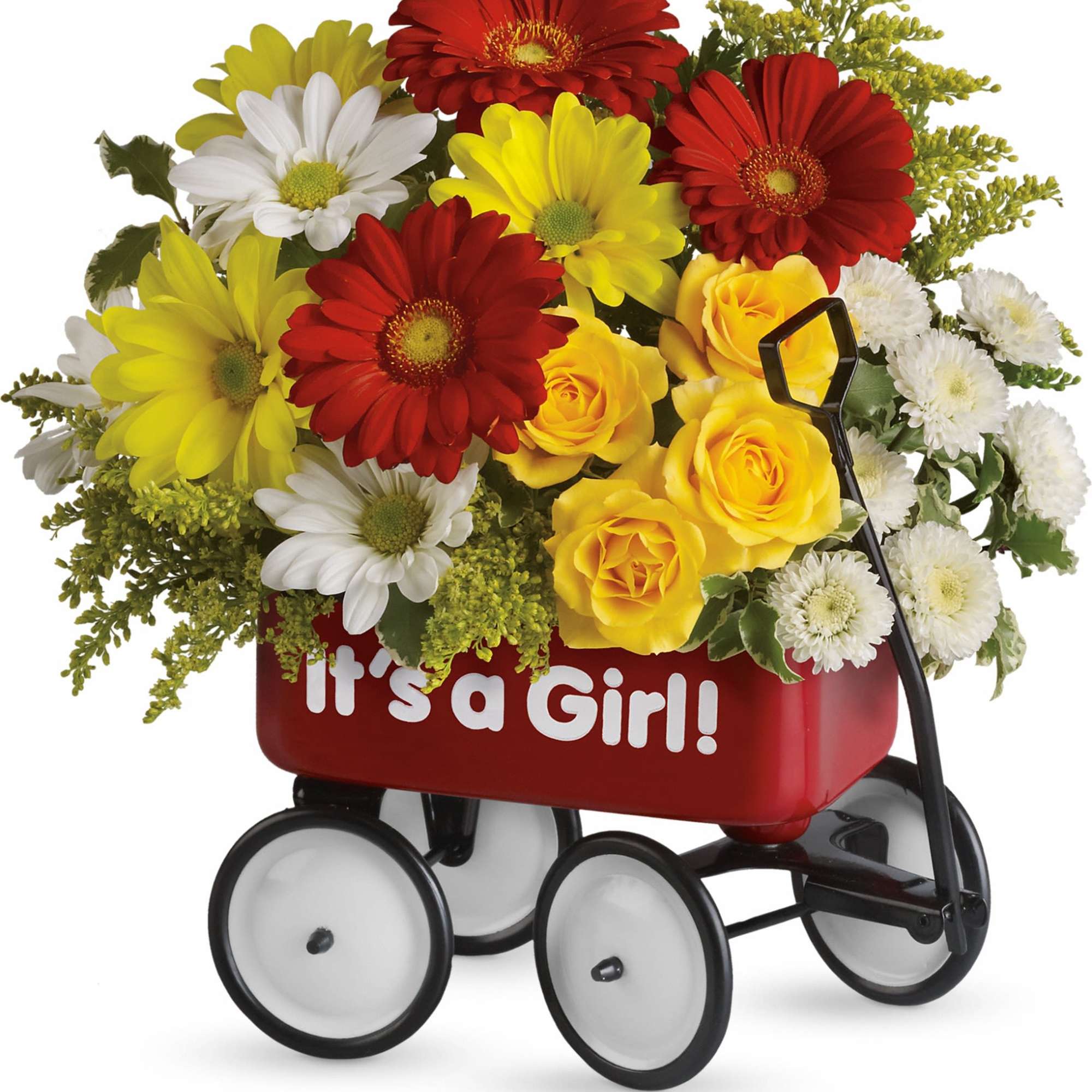 Flower arrangement in a red wagon with "It's a Girl!" text
