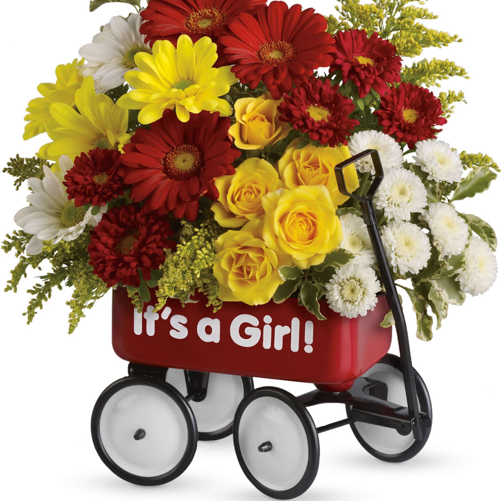 Mixed bouquet in a red wagon with "It's a Girl!" text