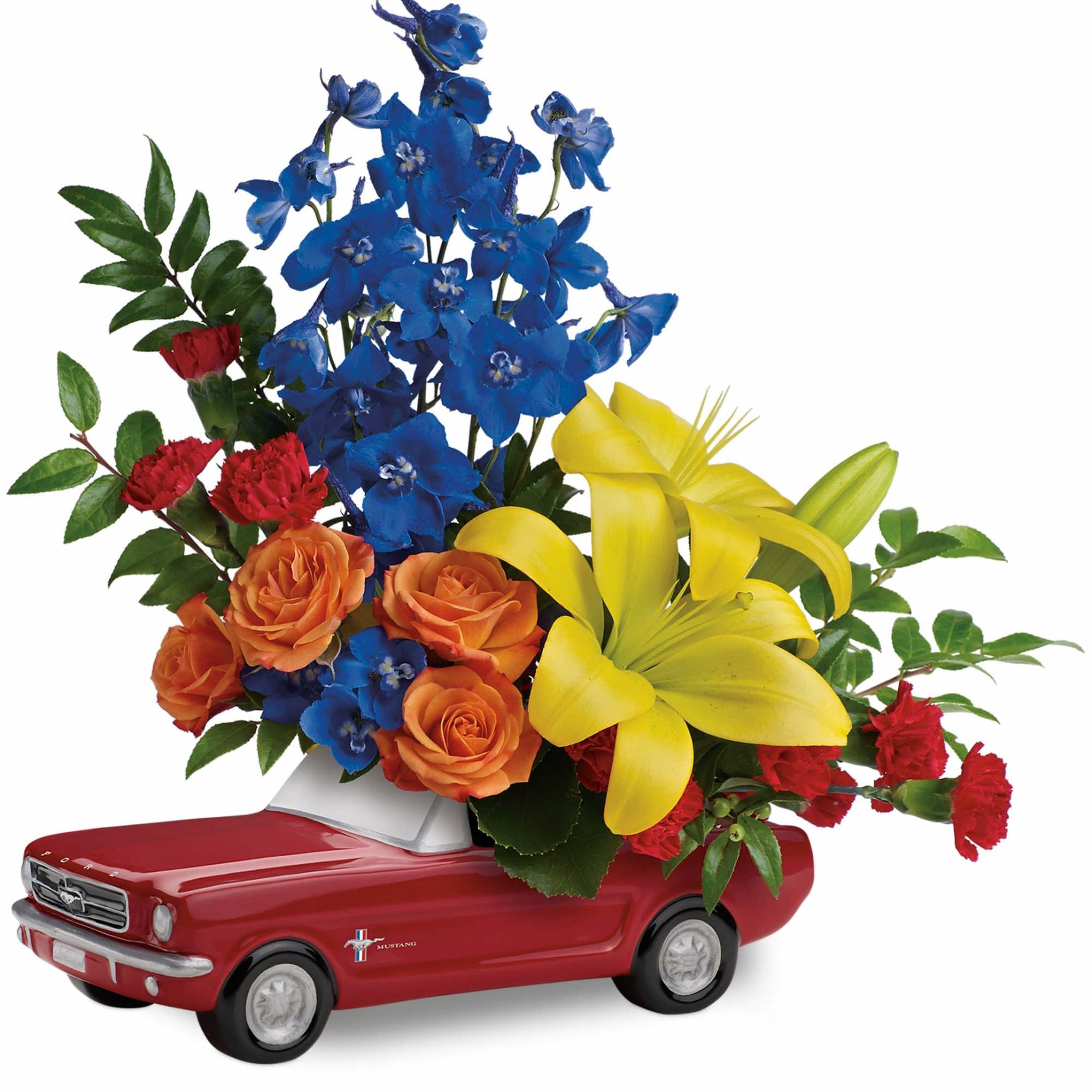 Flowers arranged in a red toy car container