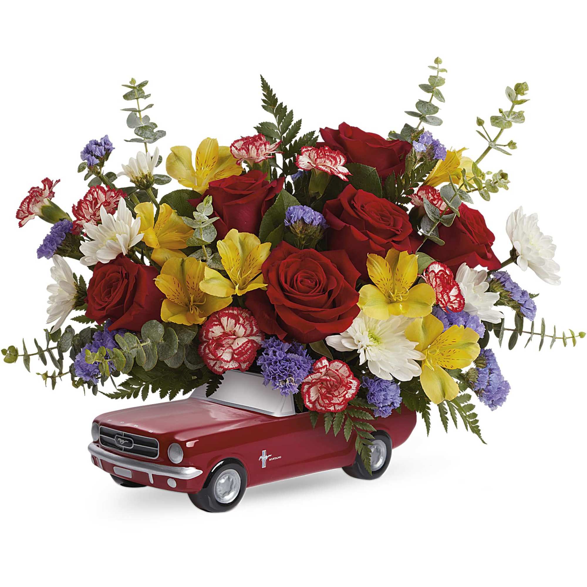 Bouquet of red roses, yellow alstroemeria, white daisies, and purple carnations in a red car container
