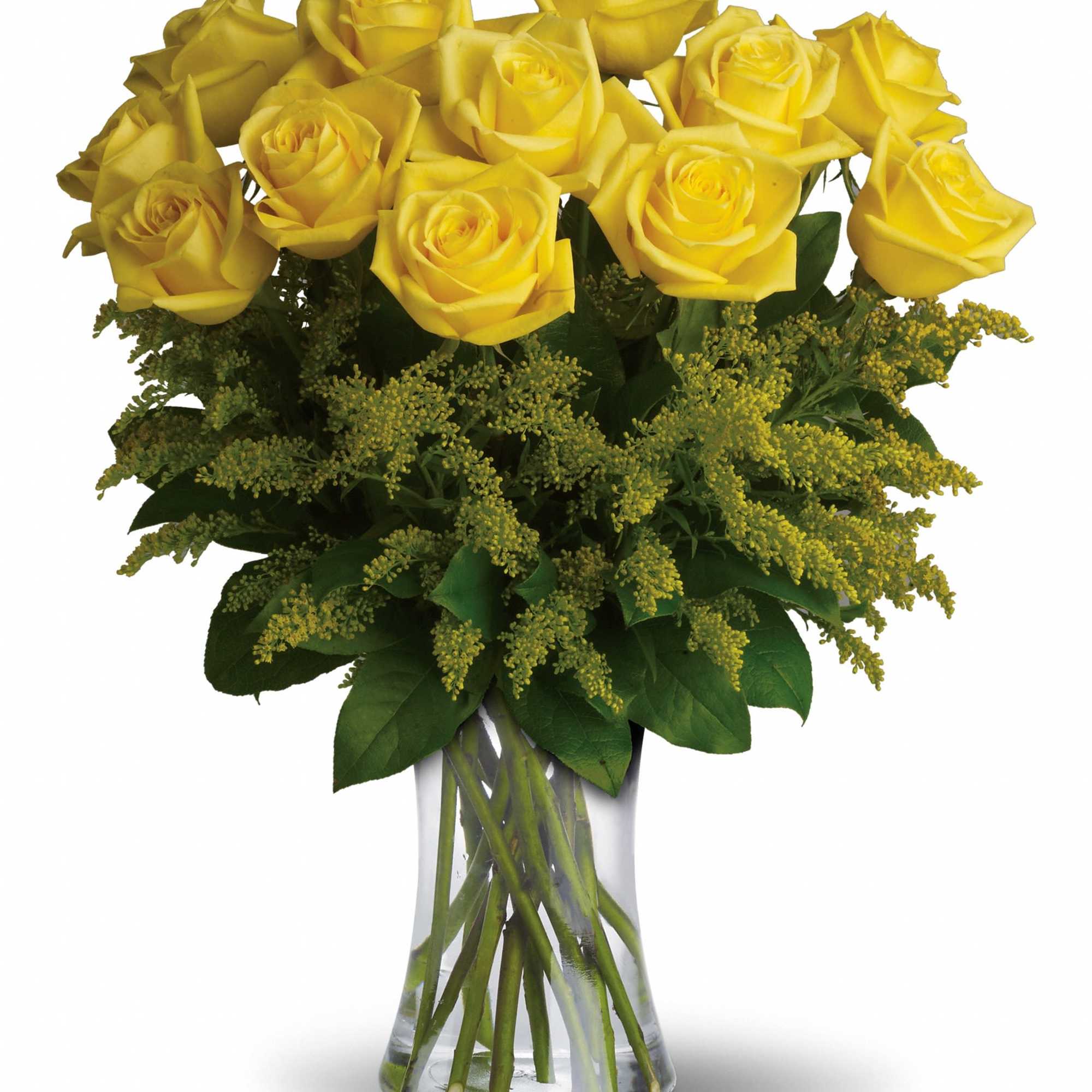 Yellow roses arranged in a clear glass vase