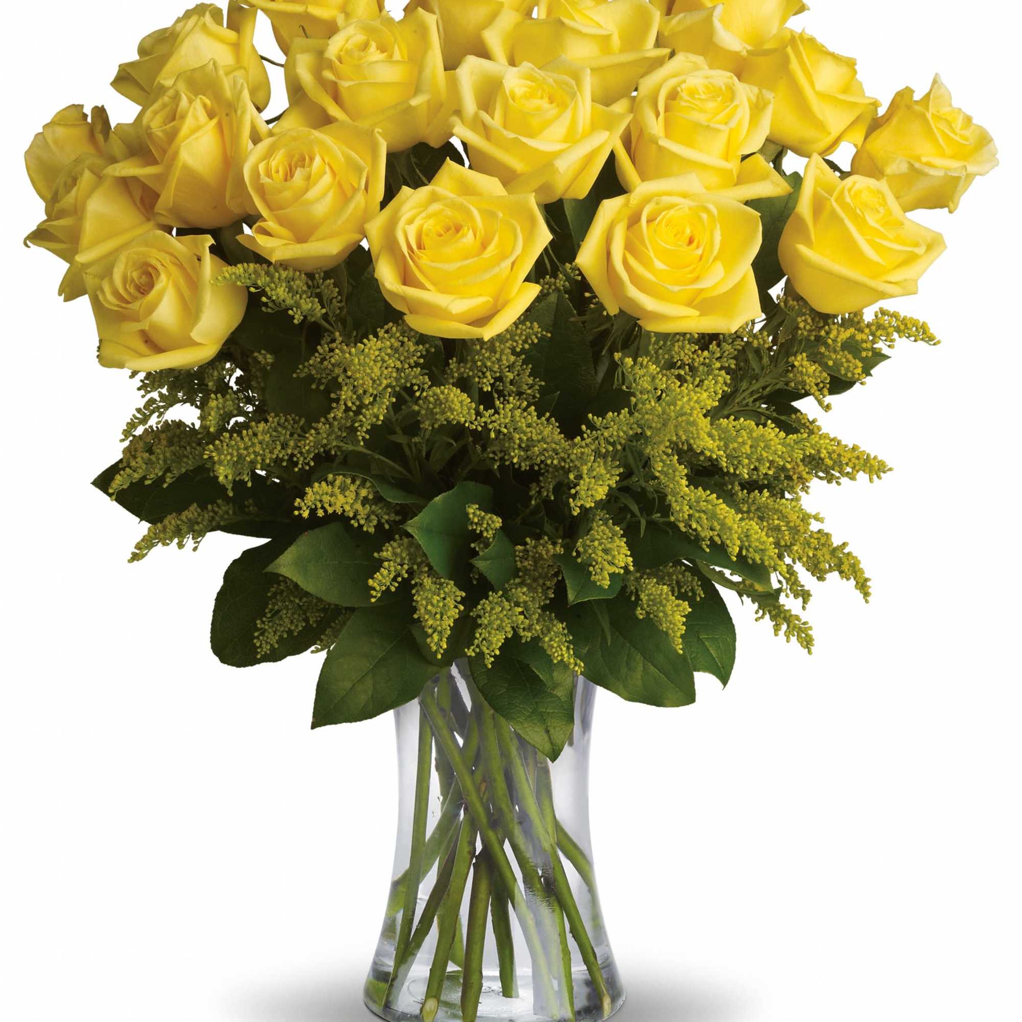 Yellow roses arranged in a clear glass vase