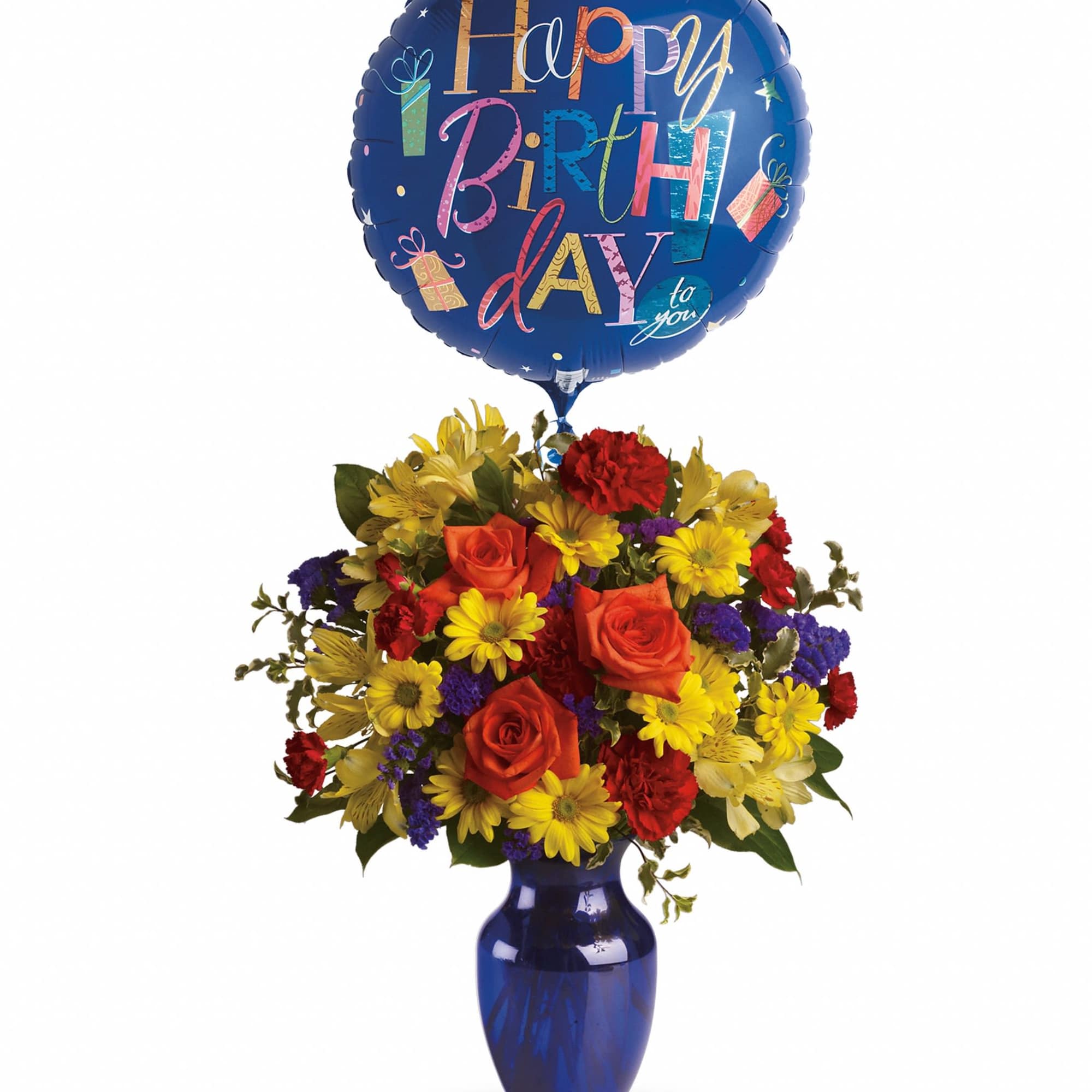 Birthday balloon above a colorful mixed flower bouquet in a blue vase