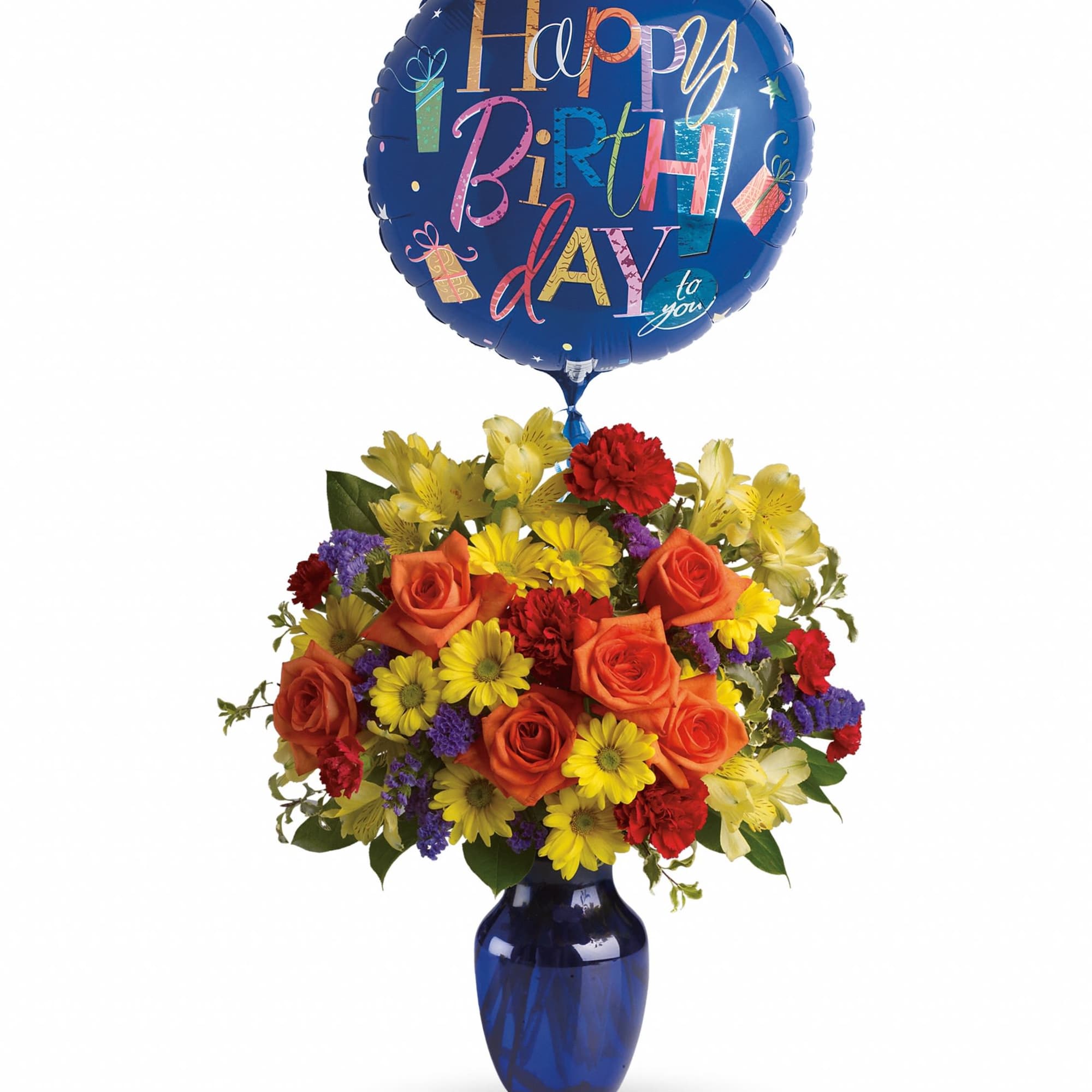 Birthday balloon above a colorful flower arrangement in a blue vase