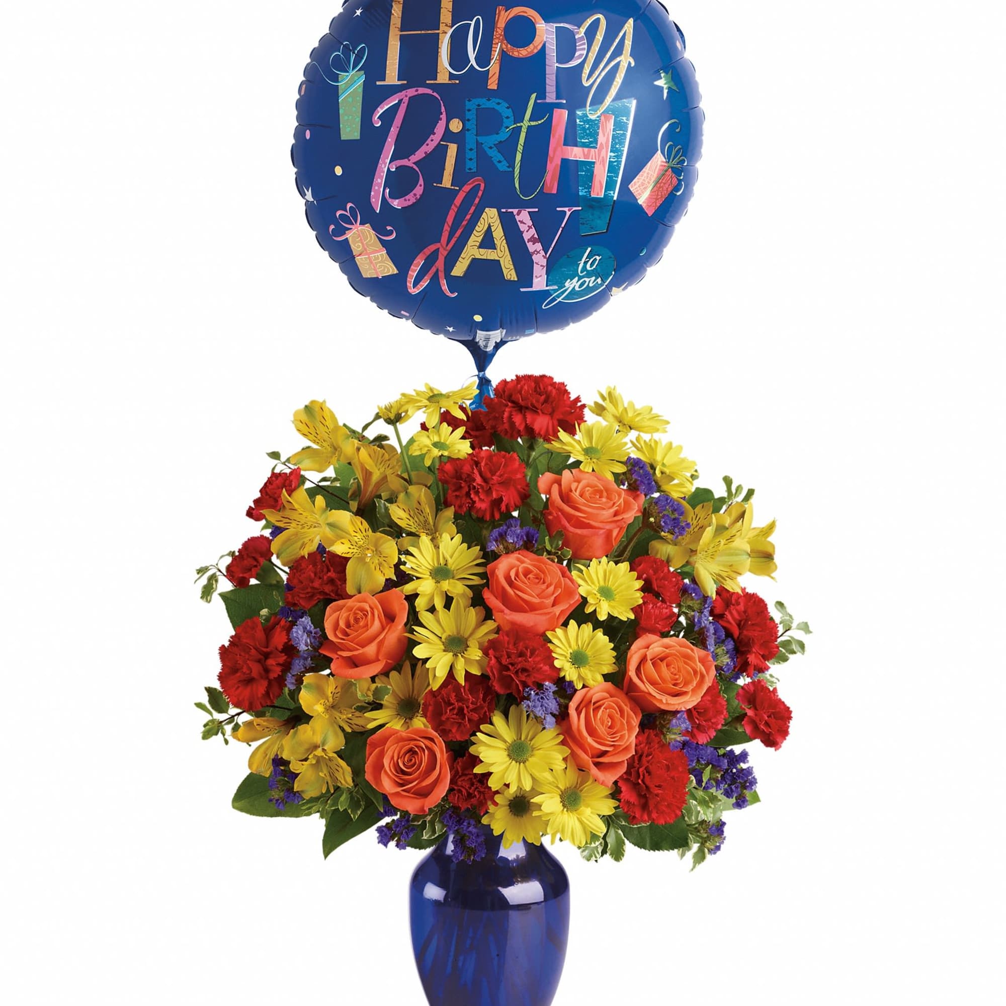 Birthday balloon above a colorful flower arrangement in a blue vase