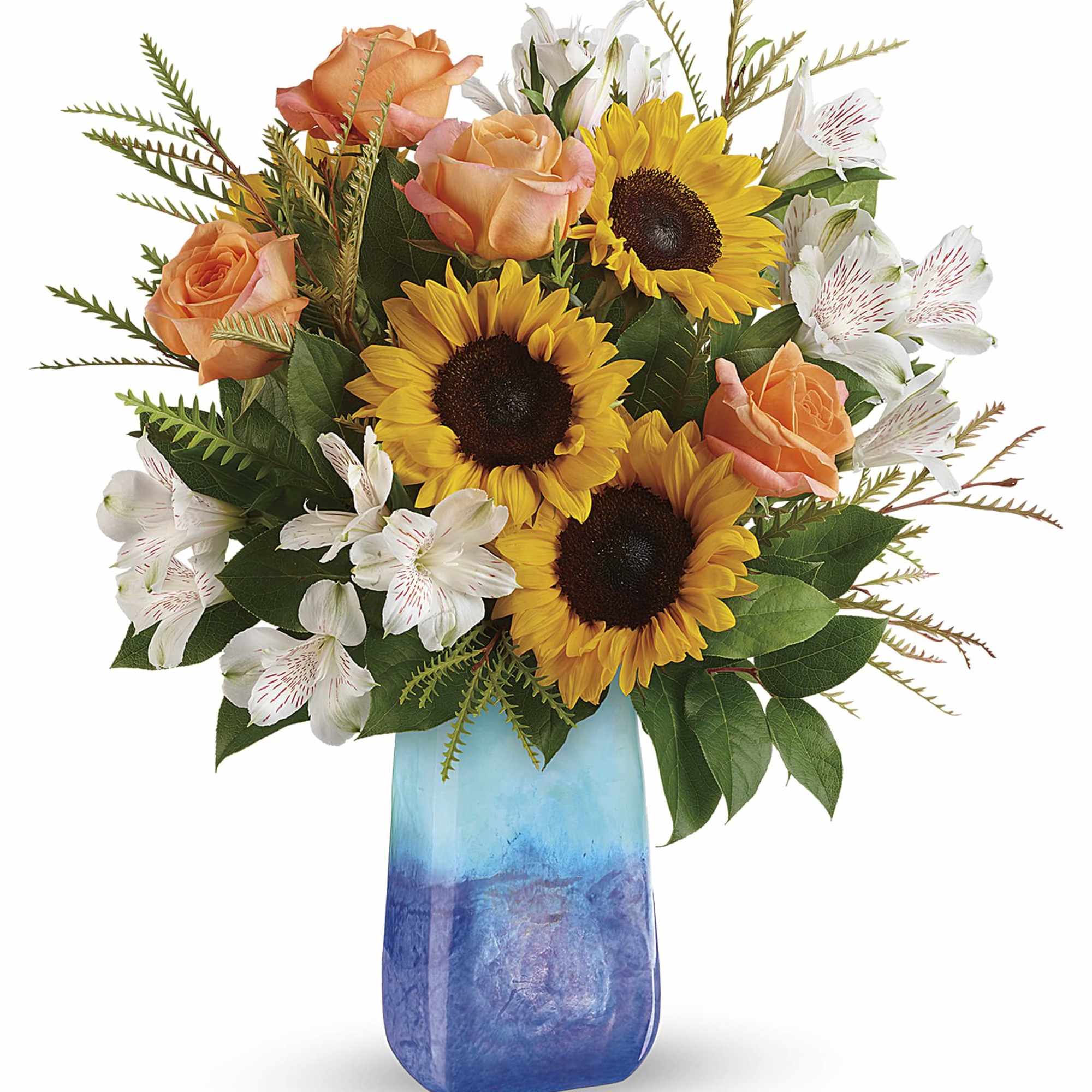 Sunflowers, peach roses, and white alstroemeria in a blue vase