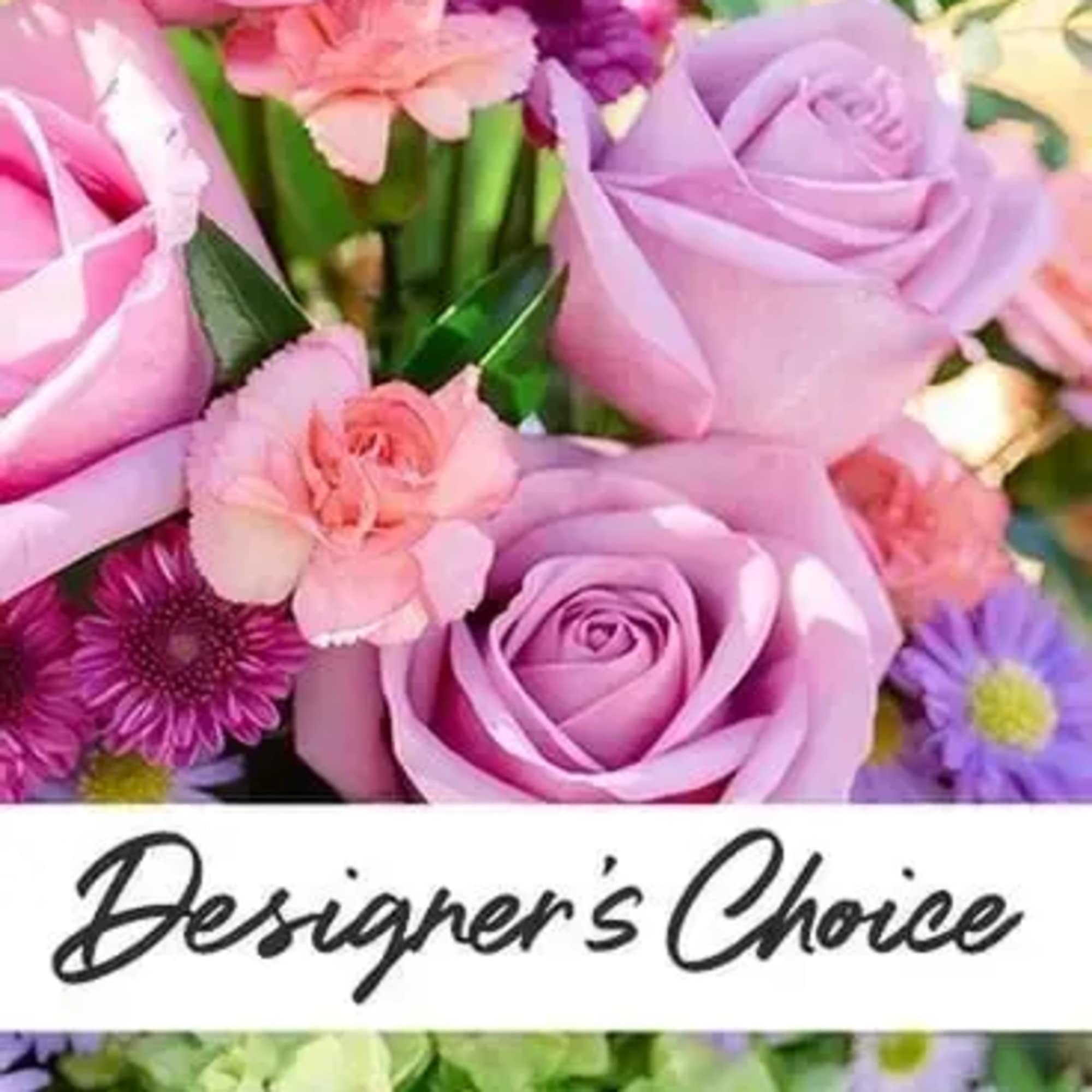 Mixed pastel bouquet with roses and carnations labeled Designer's Choice