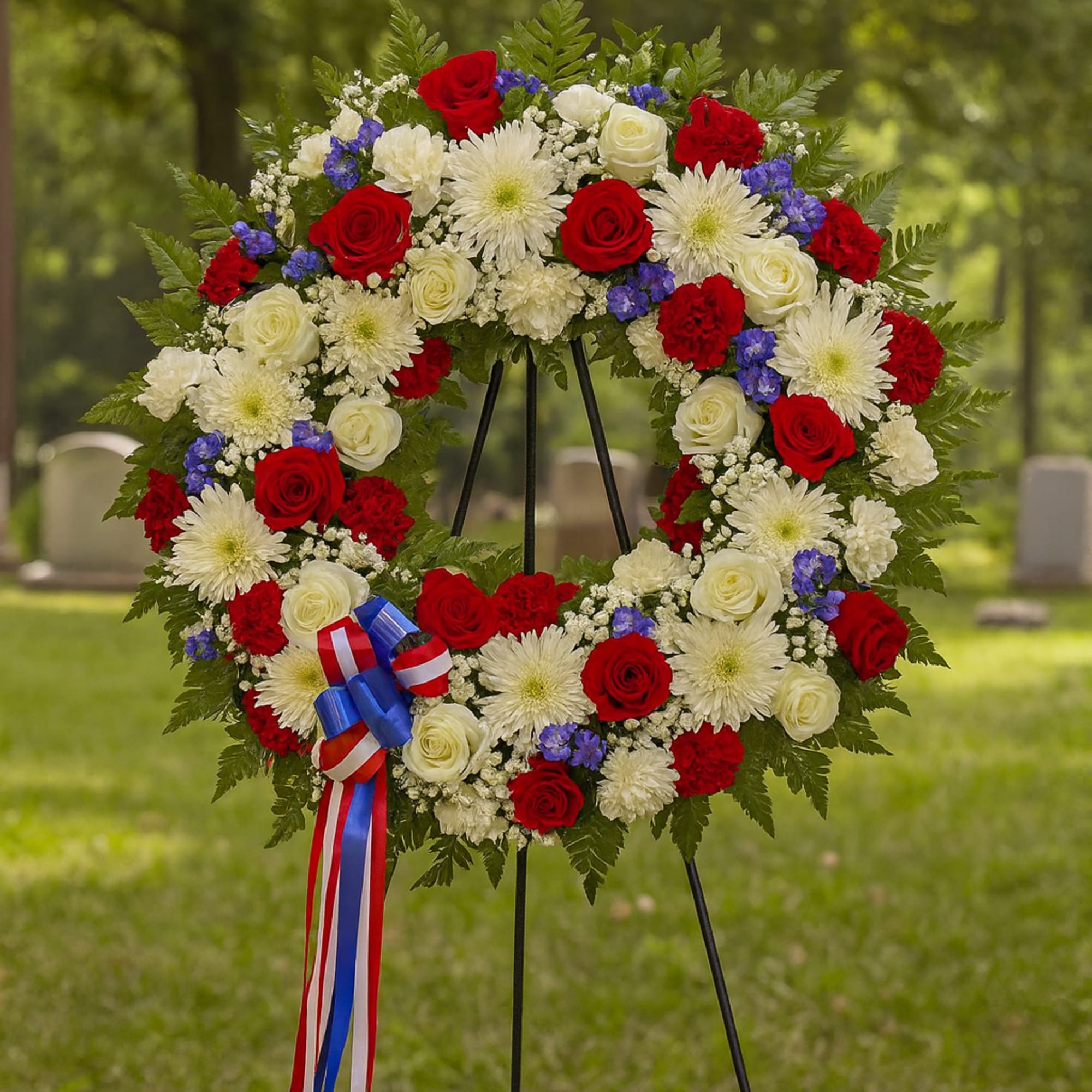 Red, white, and blue funeral wreath on a stand with ribbon