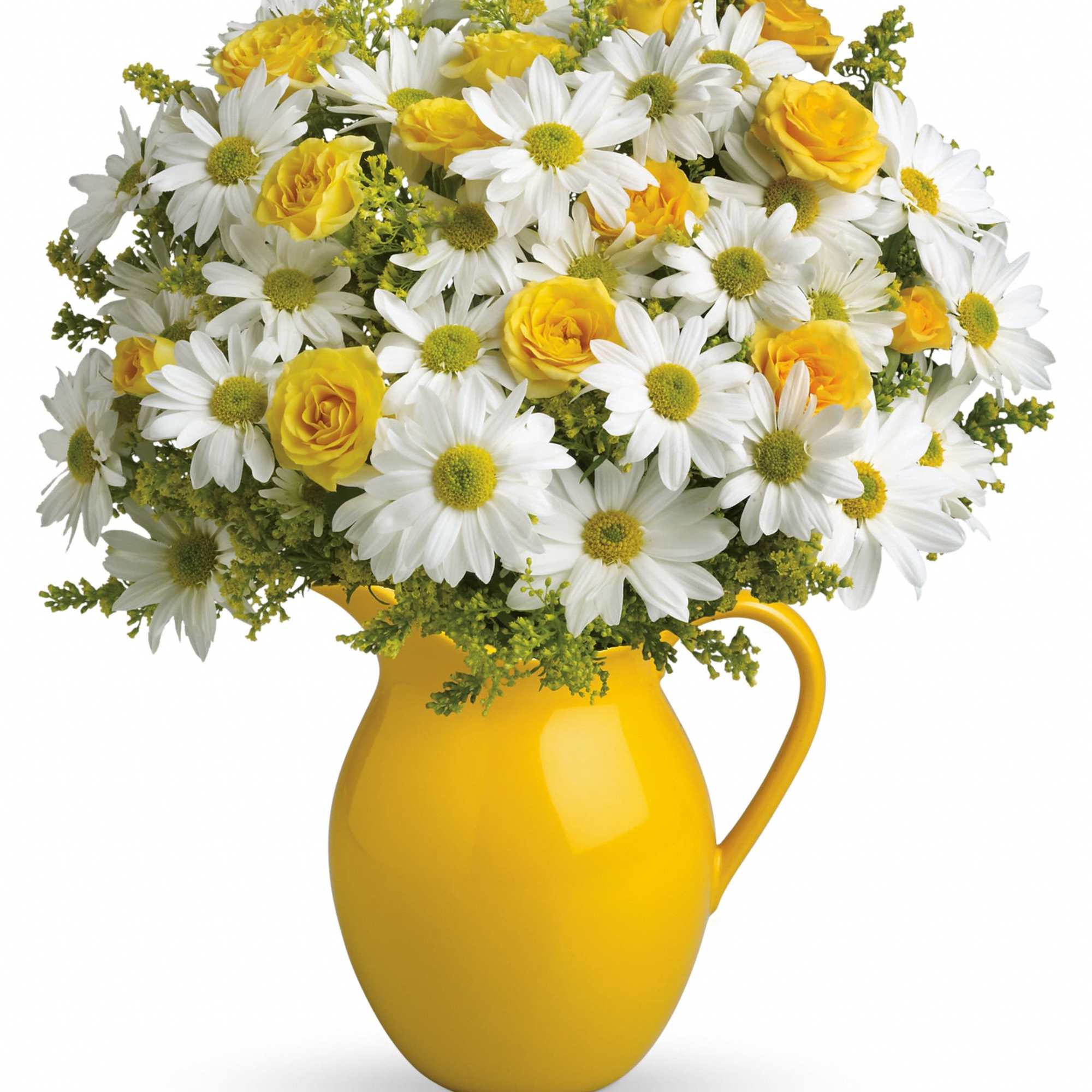 Yellow roses and white daisies in a yellow pitcher vase